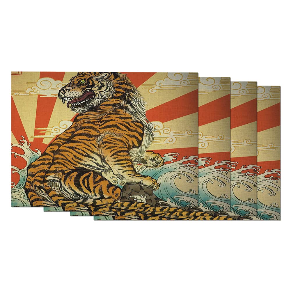 WONDERTIFY Tiger Placemats Set of 4 - Japanese Beach Theme with Rising Sun Design, Heat & Stain Resistant, 12x18 Inches (Yellow & Red) - Perfect for Dining Tables, Man Caves & Themed Parties