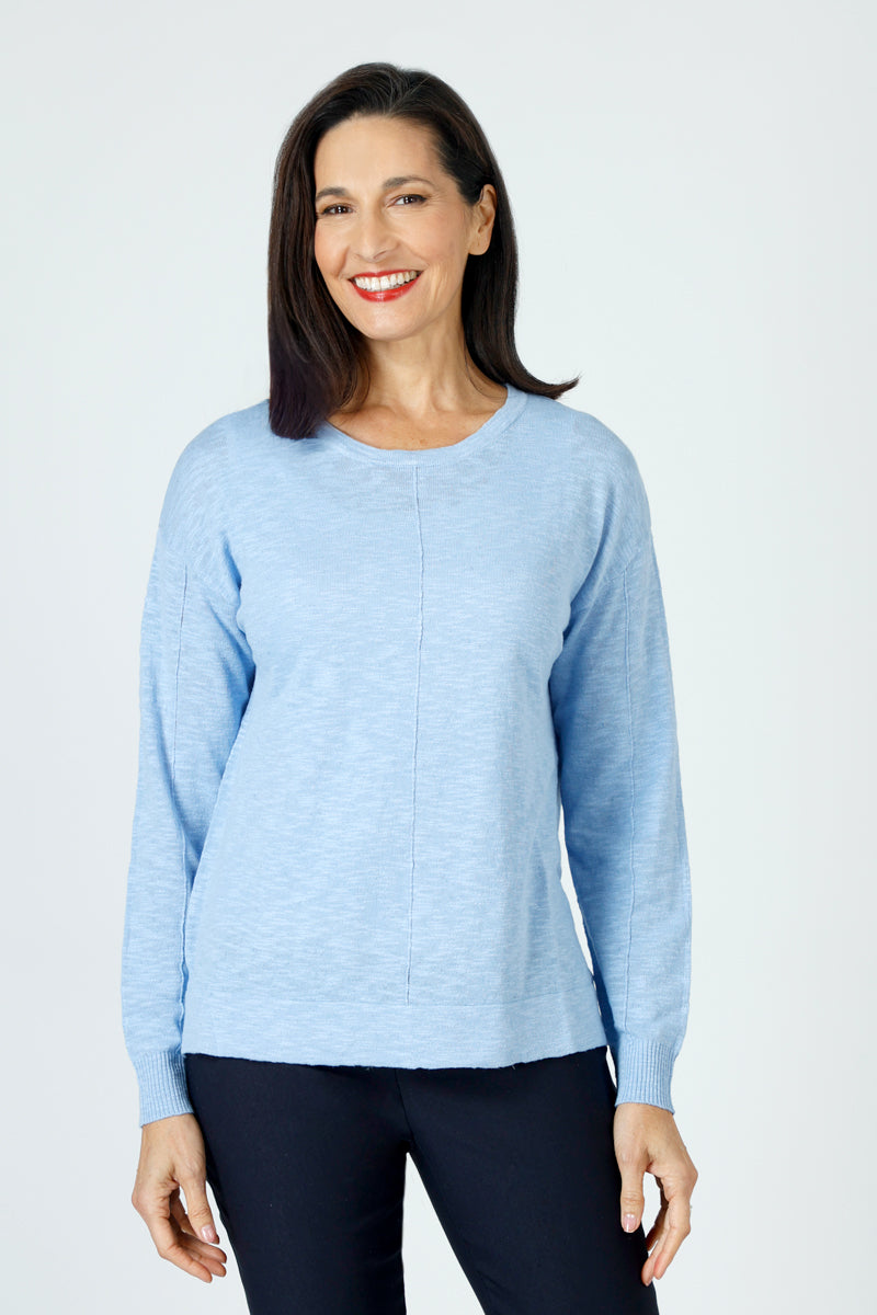 Stylish Metric Linen Front Seam Side Slit Sweater for Women | Comfortable & Breathable Knitwear | Perfect for Casual Outings & Office Wear