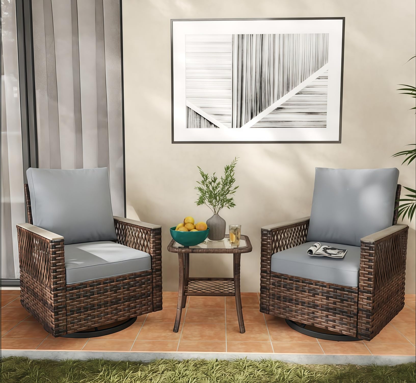 MELLCOM 3-Piece Outdoor Patio Furniture Set - All-Weather Swivel Rocking Chairs with Side Table & Waterproof Cushions for Garden, Backyard, Deck - High Back Comfort Bistro Set for Relaxing & Entertaining