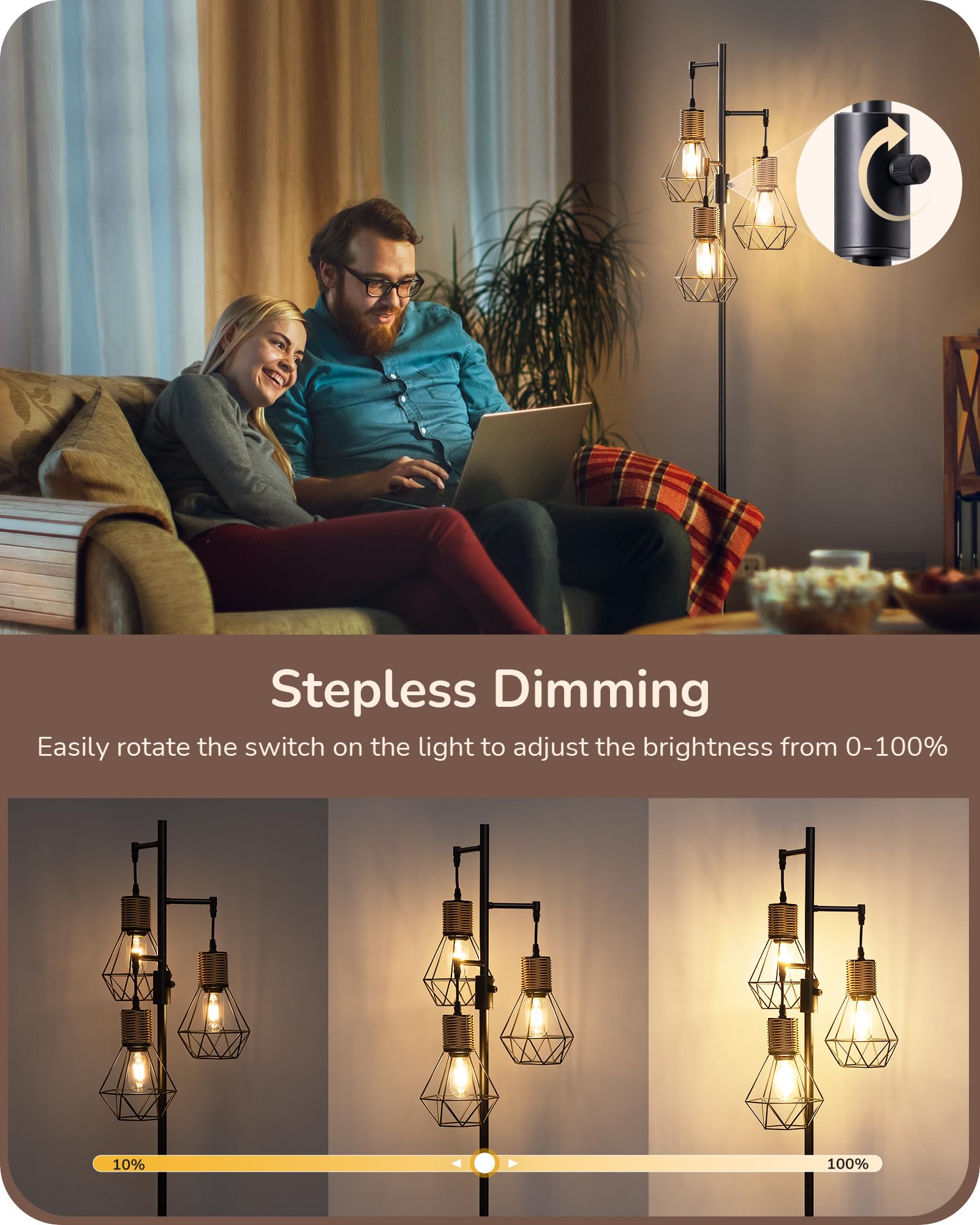 Dimmable Industrial Floor Lamp with 3 LED Edison Bulbs - Farmhouse Standing Light for Living Room, Bedroom & Office - Rustic Rattan Reading Lamp with Diamond Cage Design (Black) | Perfect for Cozy Reading Nooks, Home Office Lighting & Farmhouse Decor