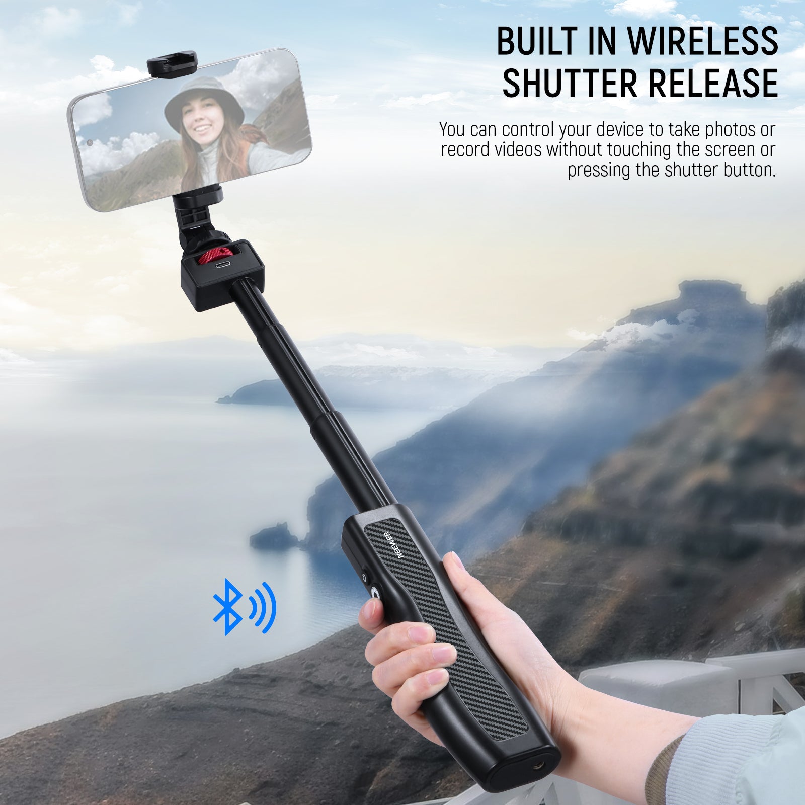 NEEWER PA993 31.5 Inch Rechargeable Selfie Stick with Built-in Battery & Wireless Remote - Perfect for Travel, Vlogging, and Group Photos