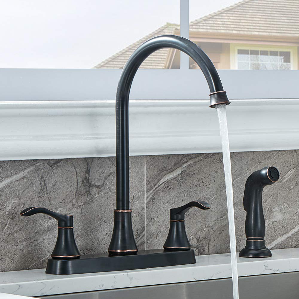 Commercial Lead-Free Oil Rubbed Bronze Kitchen Faucet - 3 or 4 Hole 2 Handle Design with High-Arc Spout & Side Sprayer for RV Sinks | Durable for Restaurants, Home Kitchens & Outdoor Use