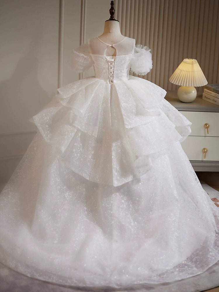 White Princess Round Floor Length Organza Flower Girl Dress - Perfect for Weddings, Baptisms & Special Occasions
