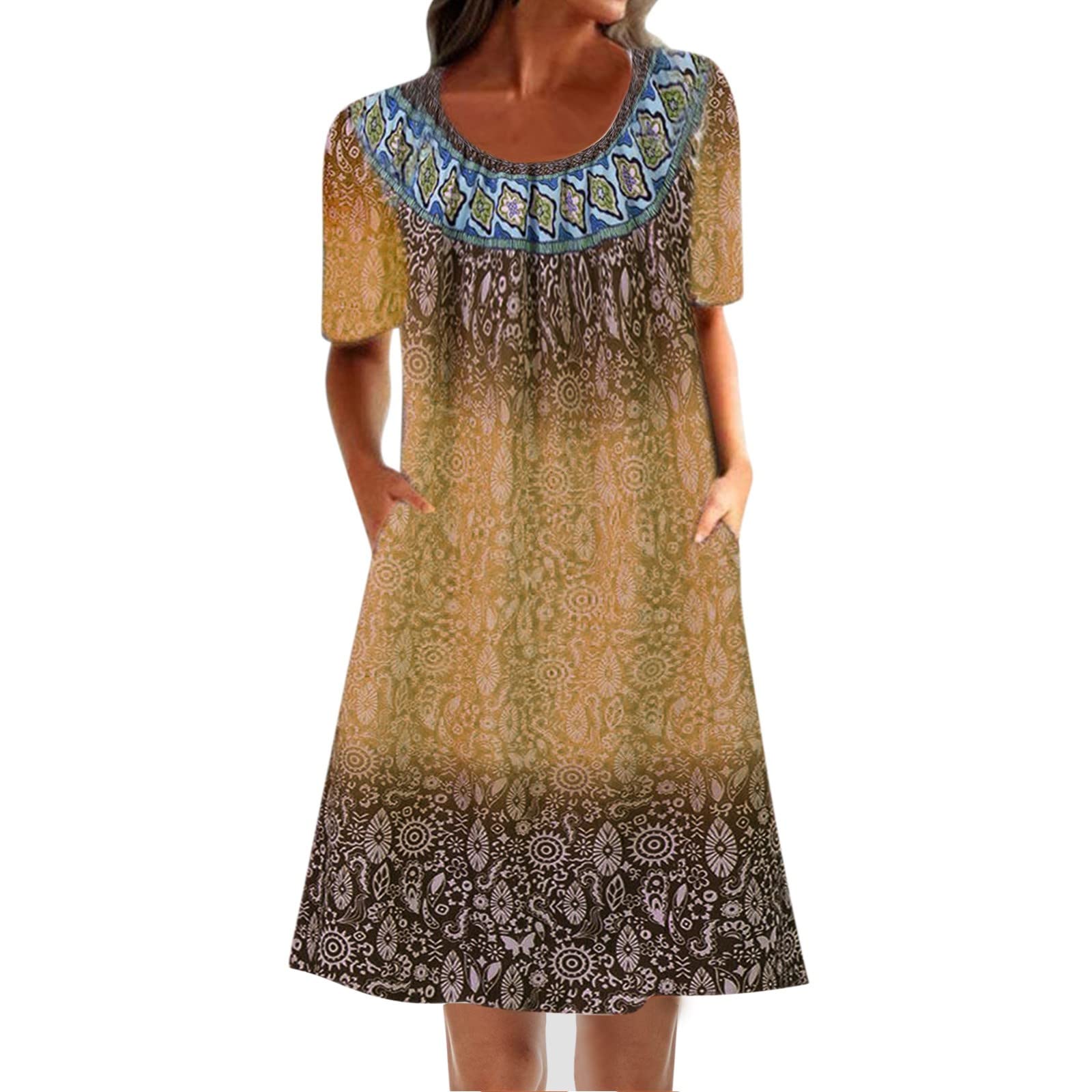 Women's Floral Print Boho Tunic Dress with Round Neck, Short Sleeves & Pockets - Loose Fit Summer Dress for Casual Wear, Beach Outings & Vacation