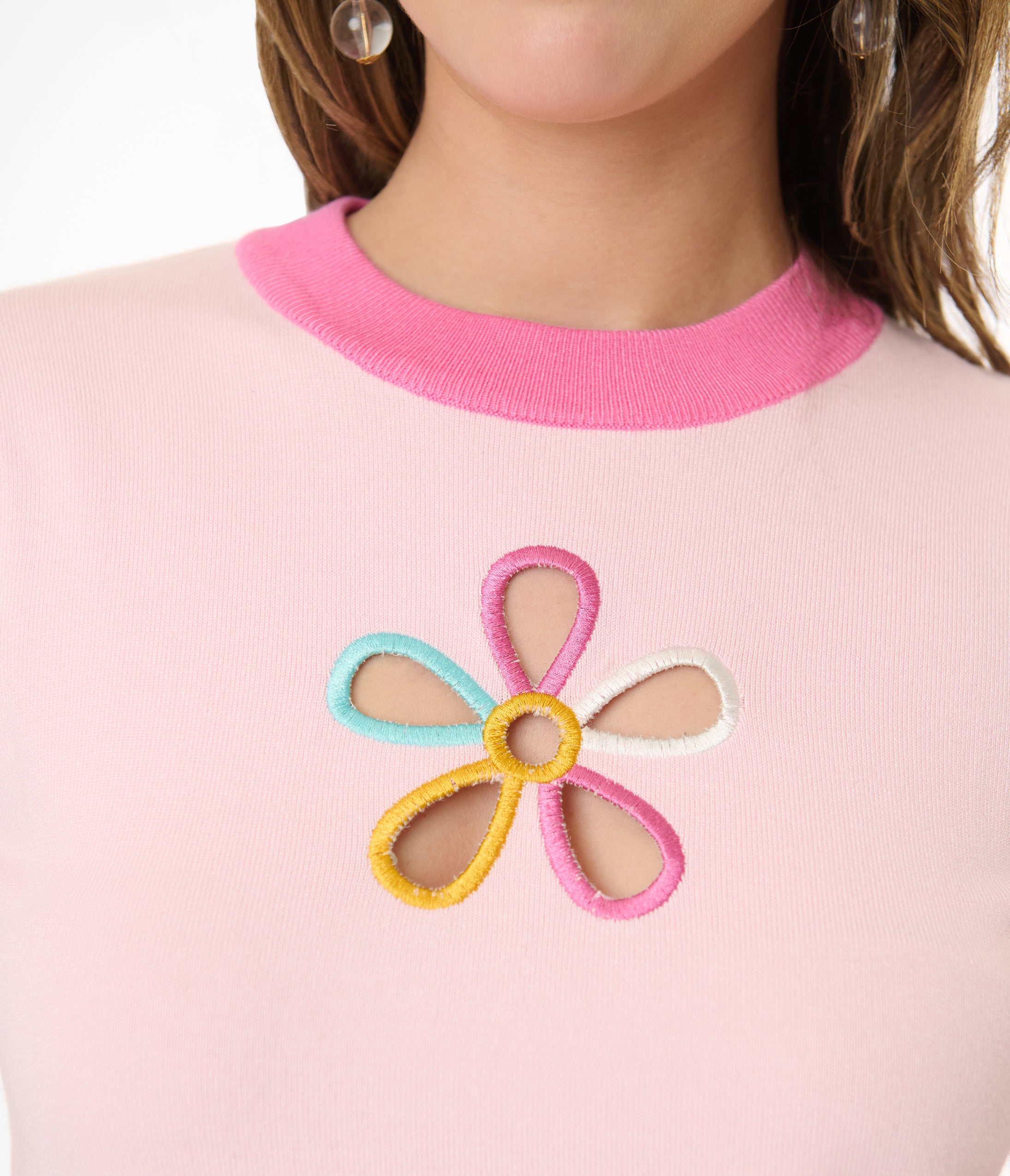 Smak Parlour Women's Pink & Rainbow Floral Cutout Sweater - Stylish Knit Pullover for Casual Outings, Date Nights & Fall Fashion