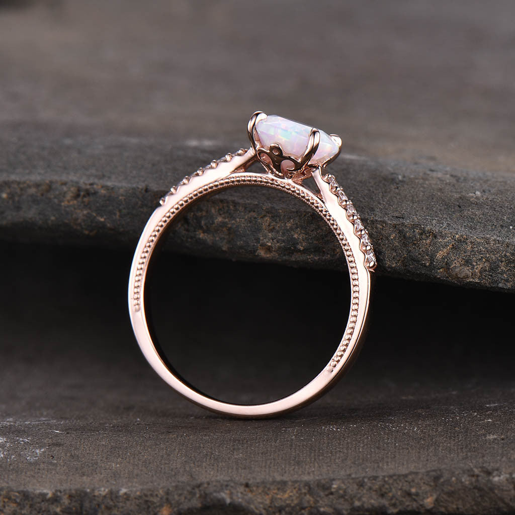 Opal Solitaire Engagement Ring for Women - 14K Rose Gold Wedding Band, Elegant Promise Ring for Her | Perfect for Proposals, Anniversaries & Special Occasions