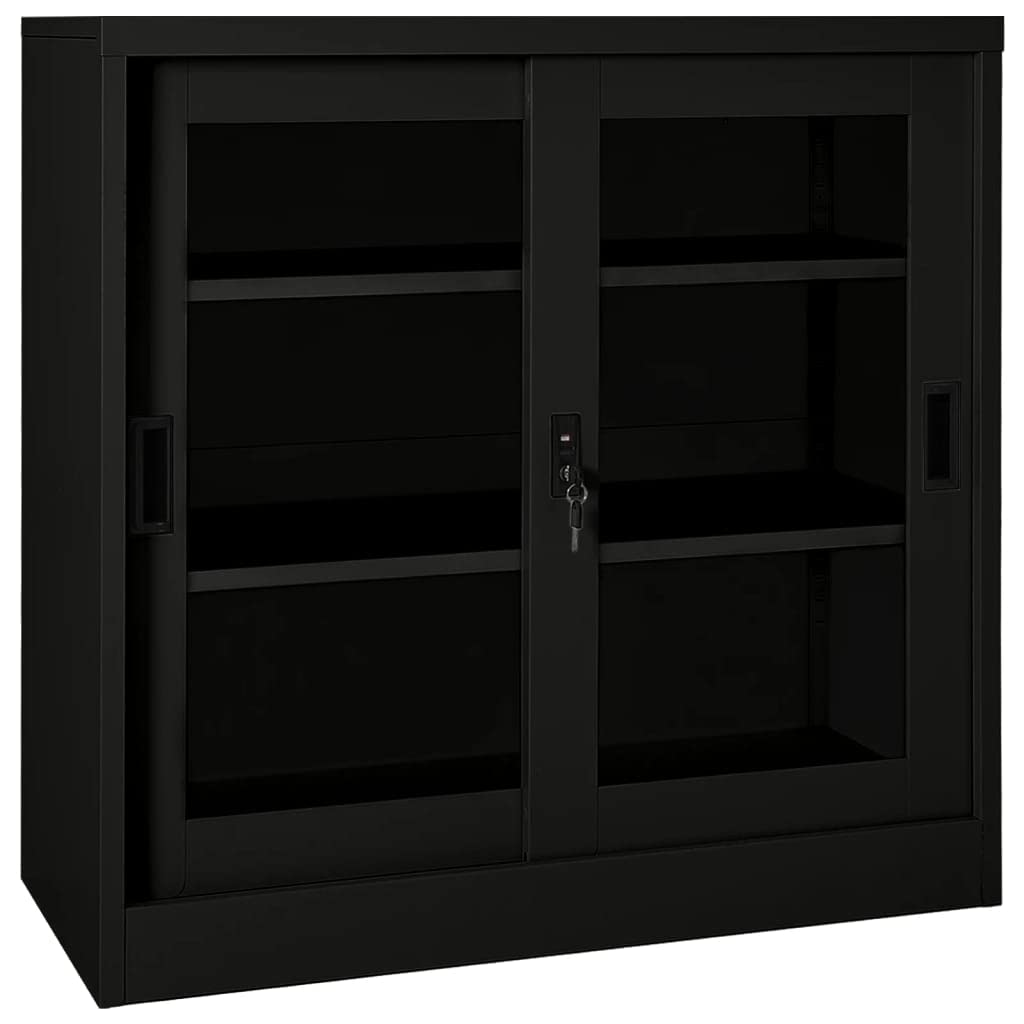 Heavy Duty Metal Storage Cabinet with Tempered Glass Sliding Door - Lockable Steel File Cabinet with Adjustable Shelves for Home Office, Garage & Workshop - Black 35.4