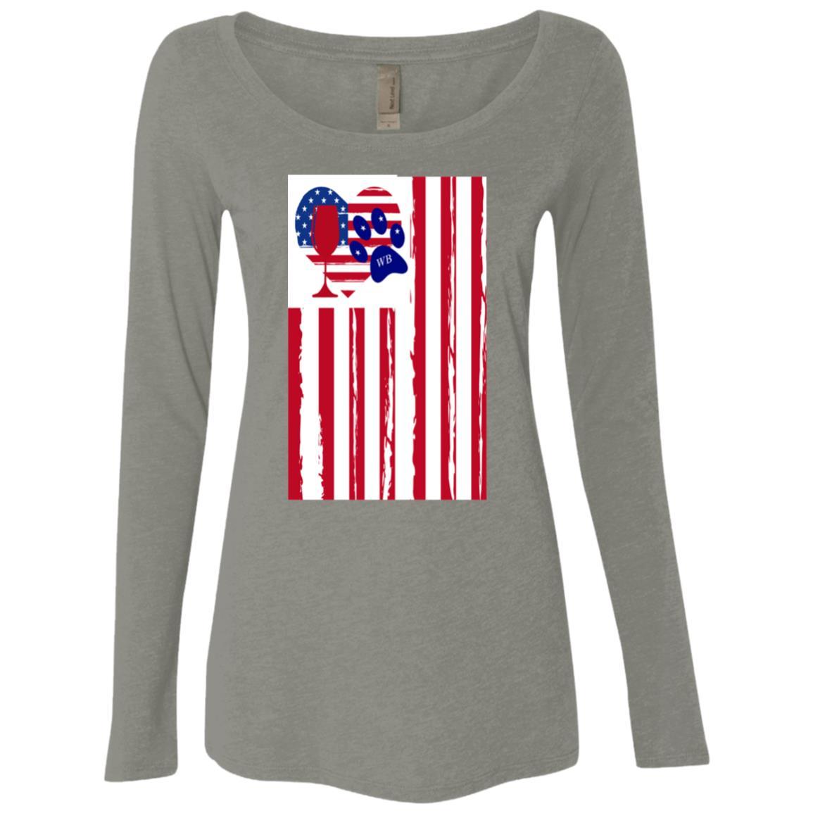 American Flag Wine Glass - Patriotic Heart Paw Print Design for Women | Long Sleeve Scoop Neck Triblend Shirt | Perfect for 4th of July, Memorial Day & Girls Night Out
