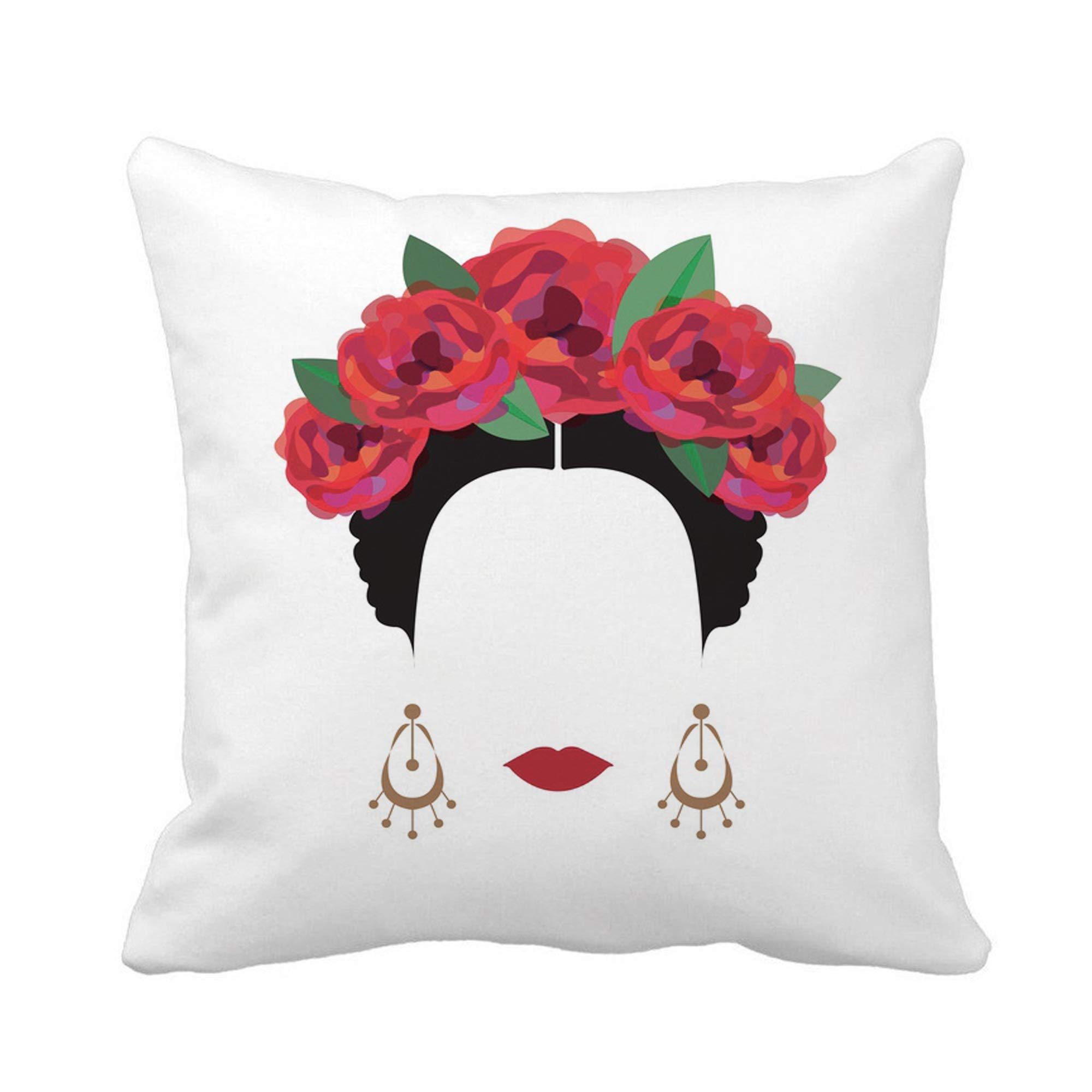 Modern Mexican Spanish Woman Rose Portrait Throw Pillow Cover - 16x16 Inch Floral Crown Square Cushion Case for Sofa, Bed, Living Room Decor
