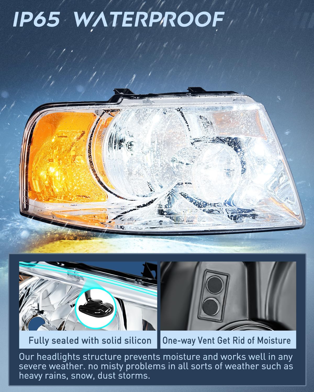 2003-2006 Ford Expedition Headlight Assembly - Chrome Housing, Amber Reflector & Clear Lens Replacement - Compatible with 4x4, Off-Road & Daily Driving