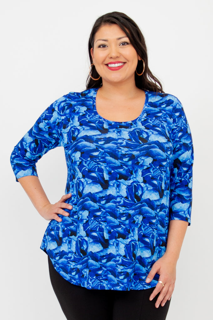 Jazz 3/4 Sleeve Women's Tops - Soft Blue Rose Print Bamboo Fabric Blouse for Casual Wear & Summer Outfits