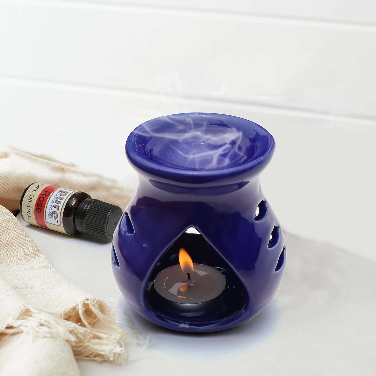 Pure Source India Ceramic Clay Candle Operated Aroma Oil Diffuser with 1 Tea Light Candle (Blue, 9cm) - Perfect for Home Aromatherapy, Yoga Meditation & Relaxation Spaces
