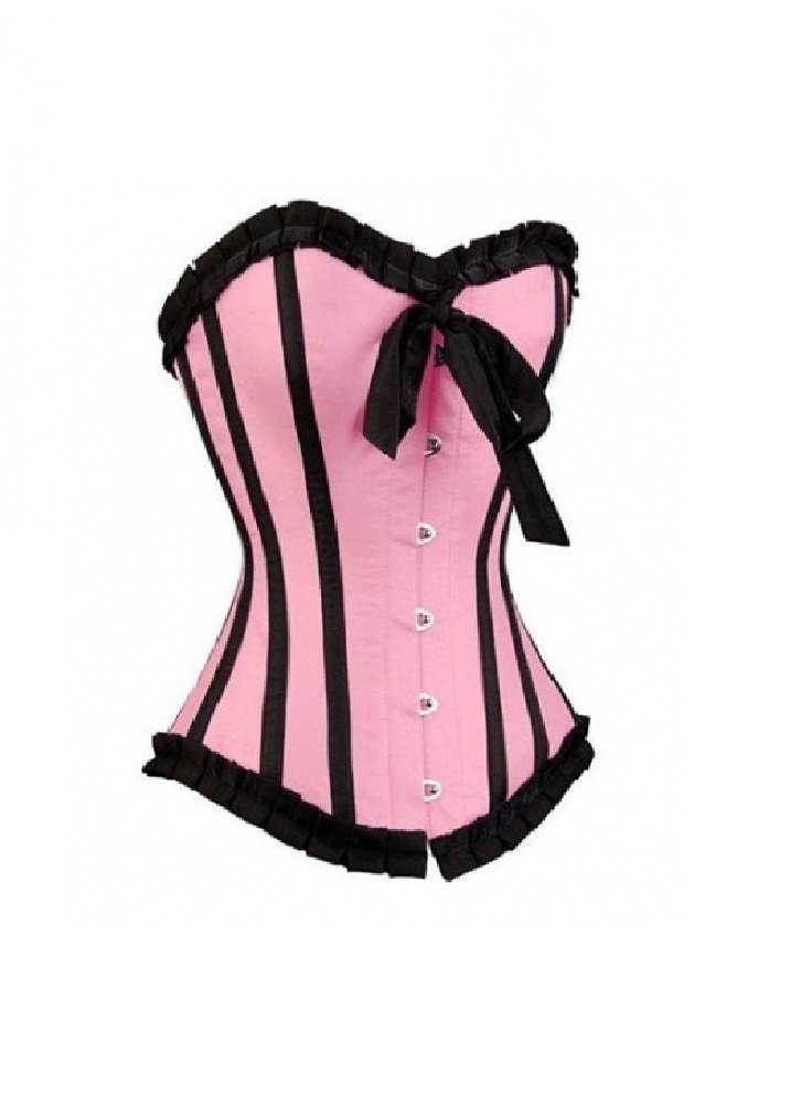 Pink Satin Black Frill Vintage Burlesque Corset - Waist Training Overbust Corset for Women - Perfect for Burlesque Shows, Cosplay, and Retro Themed Parties