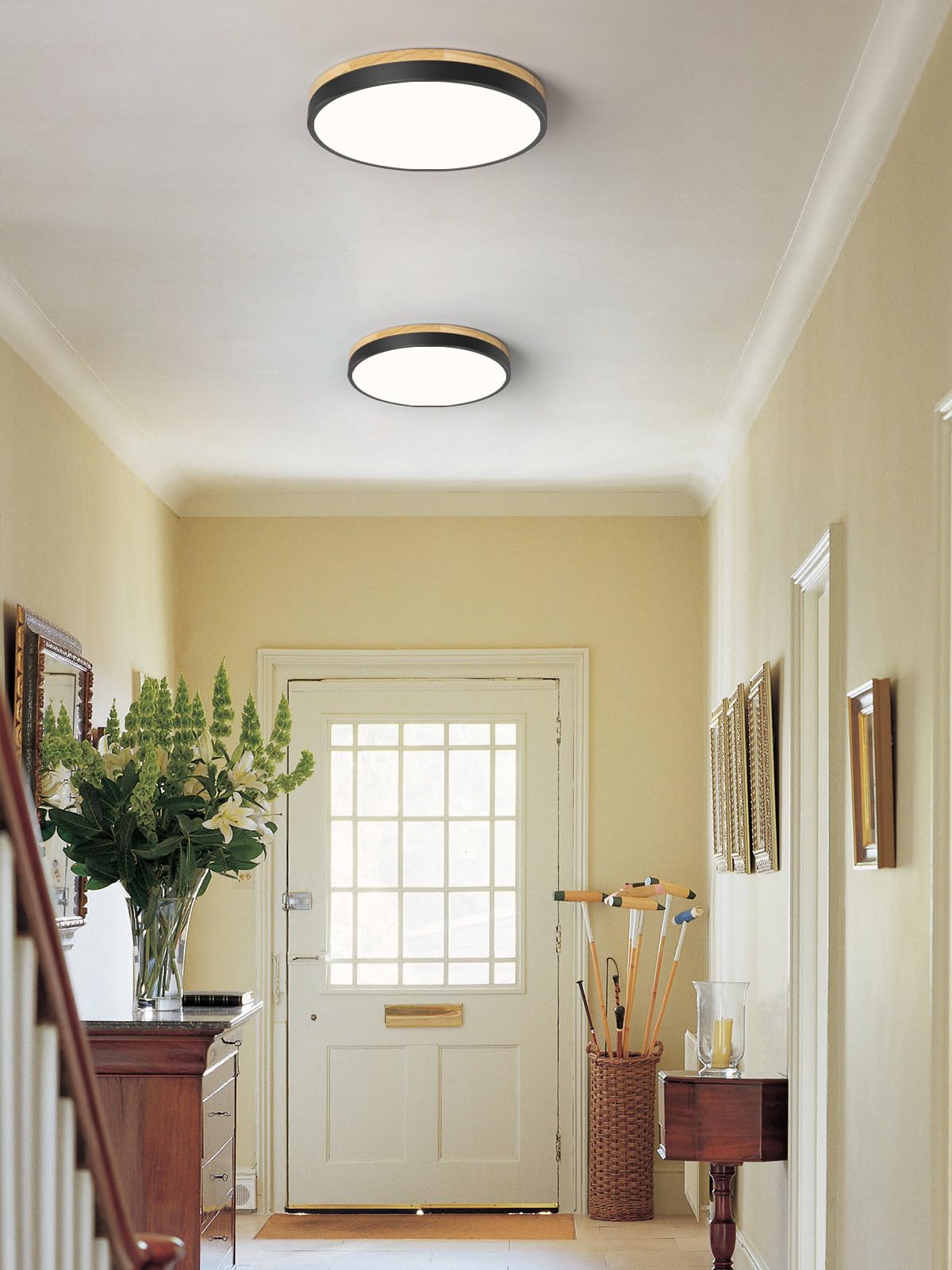 Peblto Black LED Modern Ceiling Light - White Flush Mount Wood Style Round Lighting Fixture (11.81 Inch) for Bedroom, Kitchen, Hallway & Laundry Room | Energy-Efficient Dimmable Ambient Lighting for Home & Office Spaces