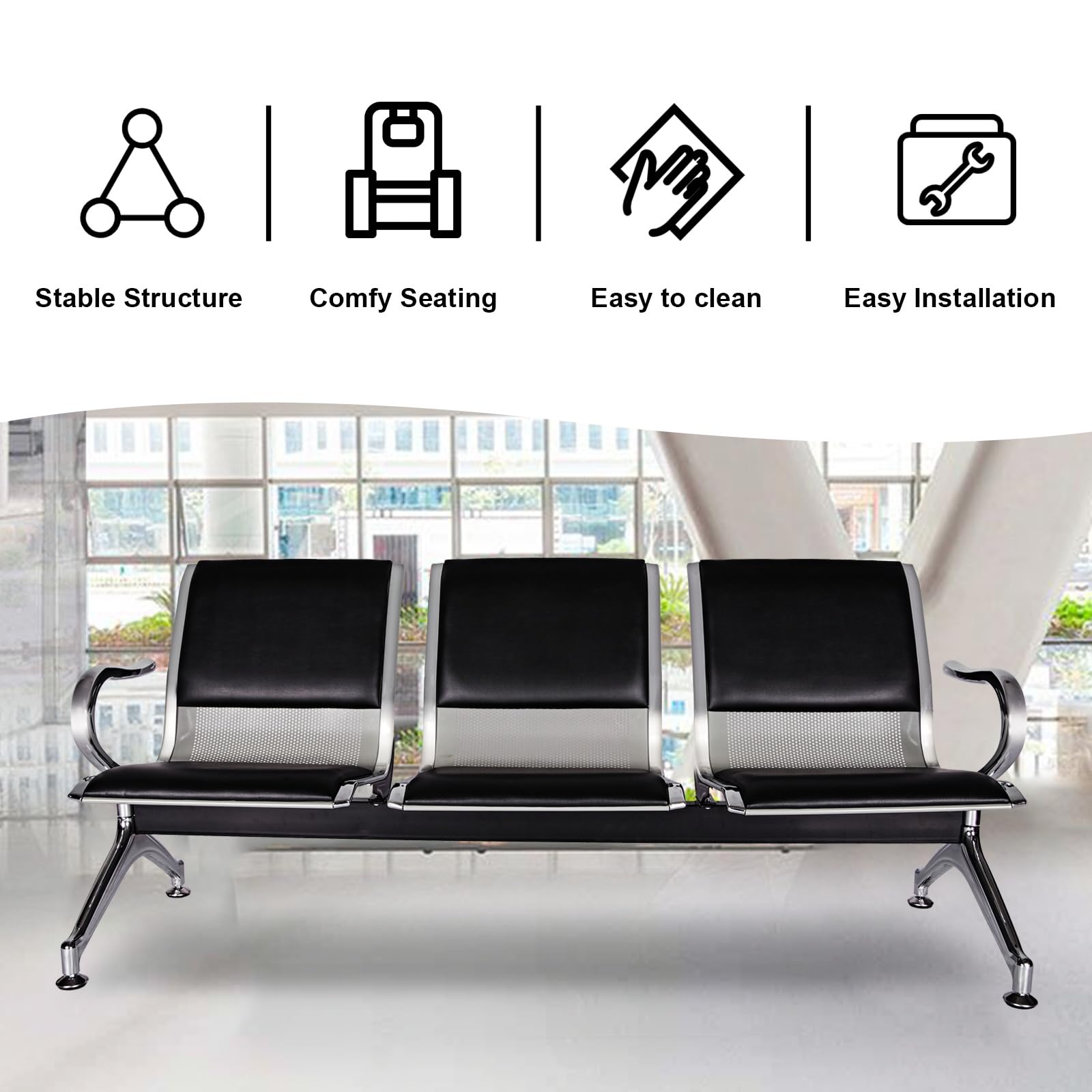 kinbor PU Leather Waiting Bench - Comfortable Seating for Barbershops, Salons, Lobbies - Perfect for Airport, Bank, Hospital Waiting Areas - Durable & Stylish Reception Chairs