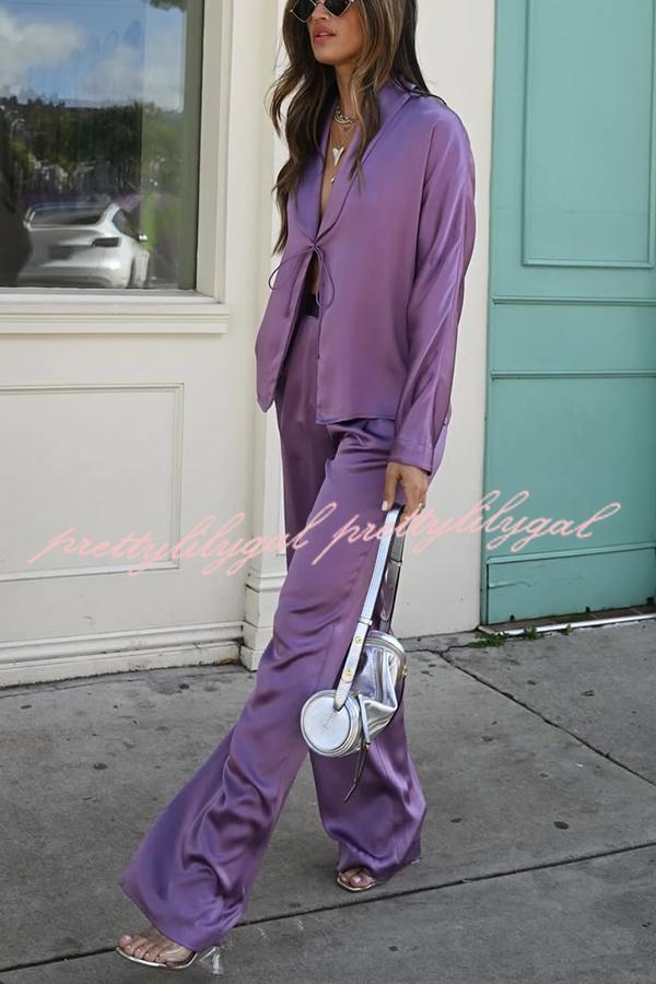 Beyond Time Women's Satin Lapel Lace-Up Blouse & Elastic Waist Pocketed Loose Pants Set - Elegant Office Wear & Casual Outfit for Work, Party, and Daily Fashion