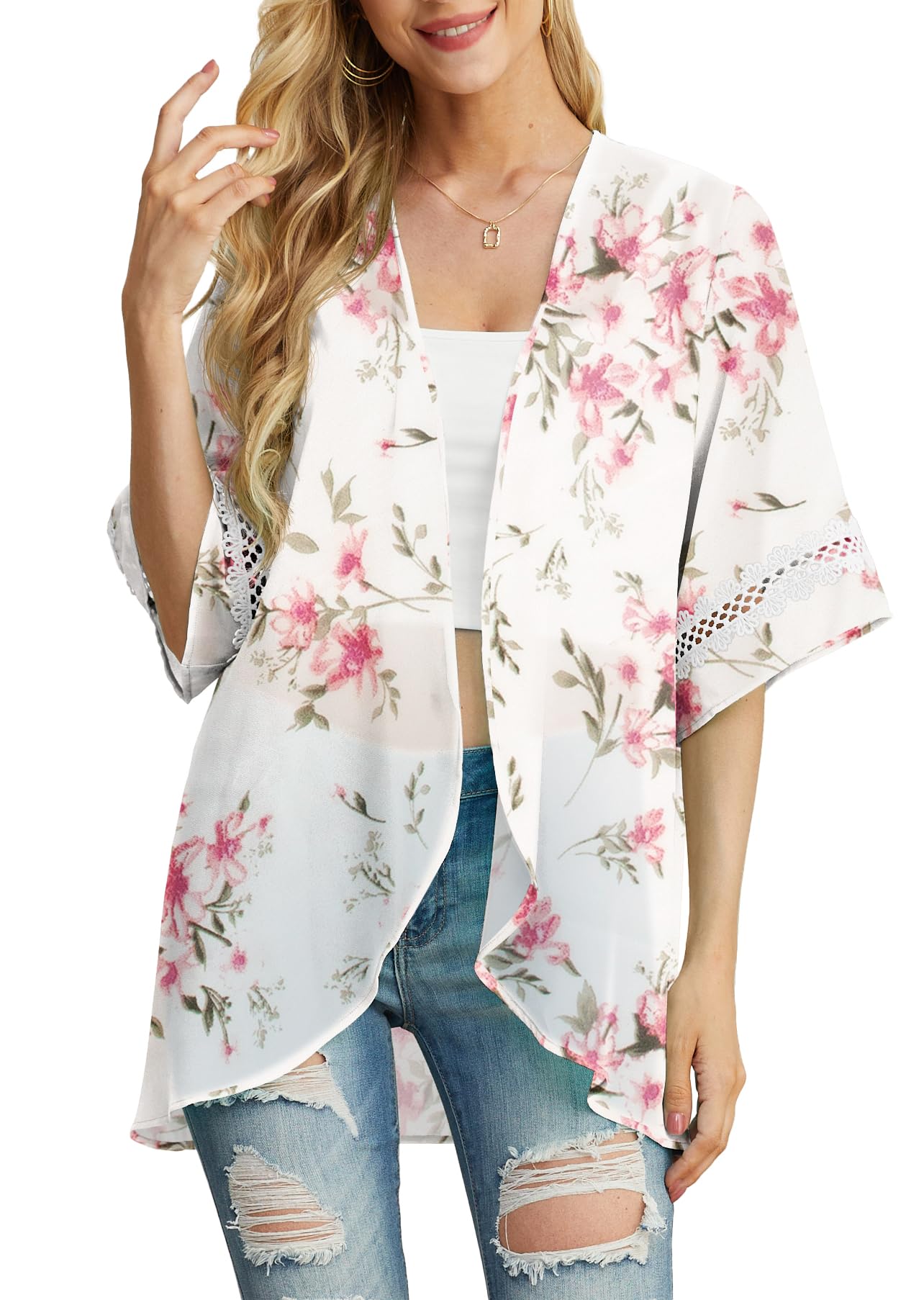 QIXING Women's Kimono Beach Cover Up - Lightweight Chiffon Cardigan Tops & Loose Cape for Summer - Perfect for Beach, Pool, Vacation and Boho Outfits