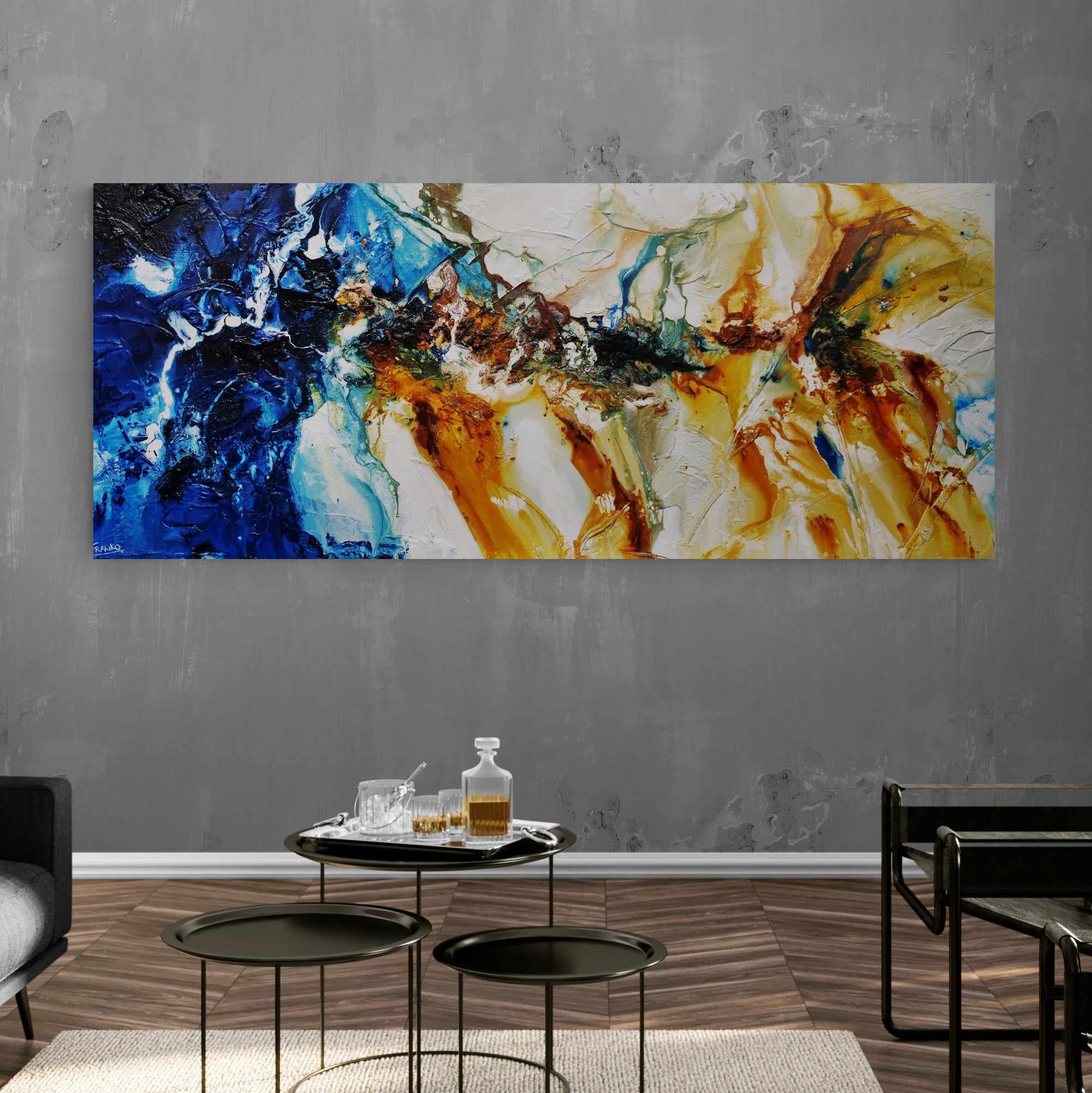 240cm x 100cm Blue Sienna Textured Abstract Canvas Painting - Sapphire Coast Collection - Modern Wall Art for Living Room, Bedroom & Office Decor
