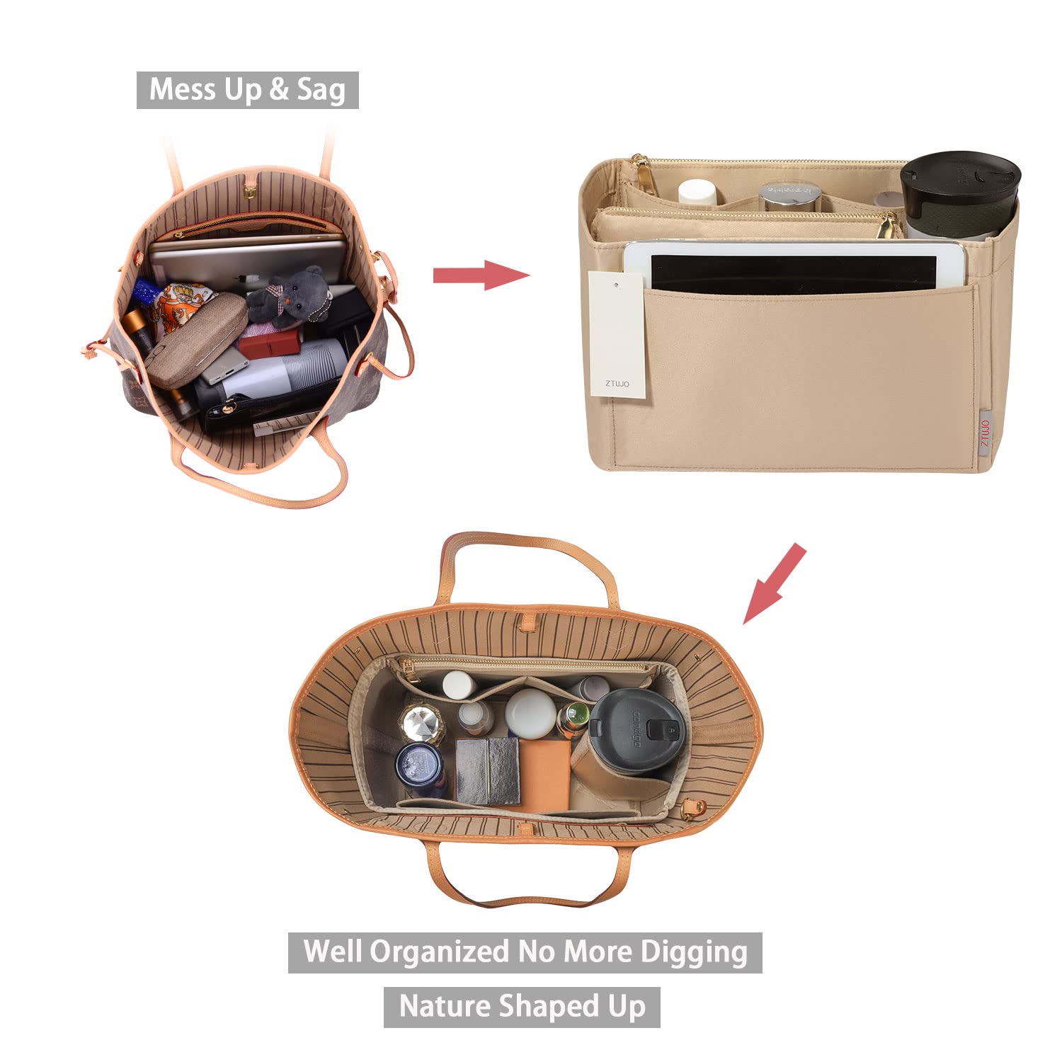 ZTUJO Felt Purse Organizer Insert for Louis Vuitton Speedy, Neverfull, Graceful & Tote Bags - Handbag Shaper & Storage Solution for Travel, Work & Daily Use
