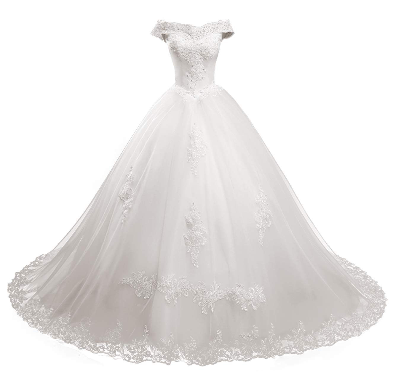 Elegant Lace Wedding Dresses for Bride - Tulle Beaded Appliques Ball Gown with Long Train | Perfect for Church Ceremonies, Beach Weddings & Formal Receptions