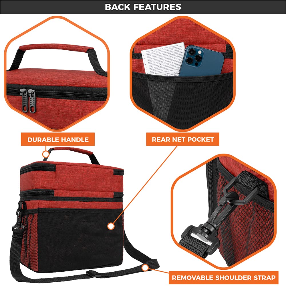 Premium Insulated Lunch Bag for Men & Women - Large Dual Compartment Cooler Tote with Shoulder Strap | Leakproof Soft Lunch Box for Work, School, Picnic & Outdoor Activities | Ideal for Adults & Kids (Red, Double Deck)