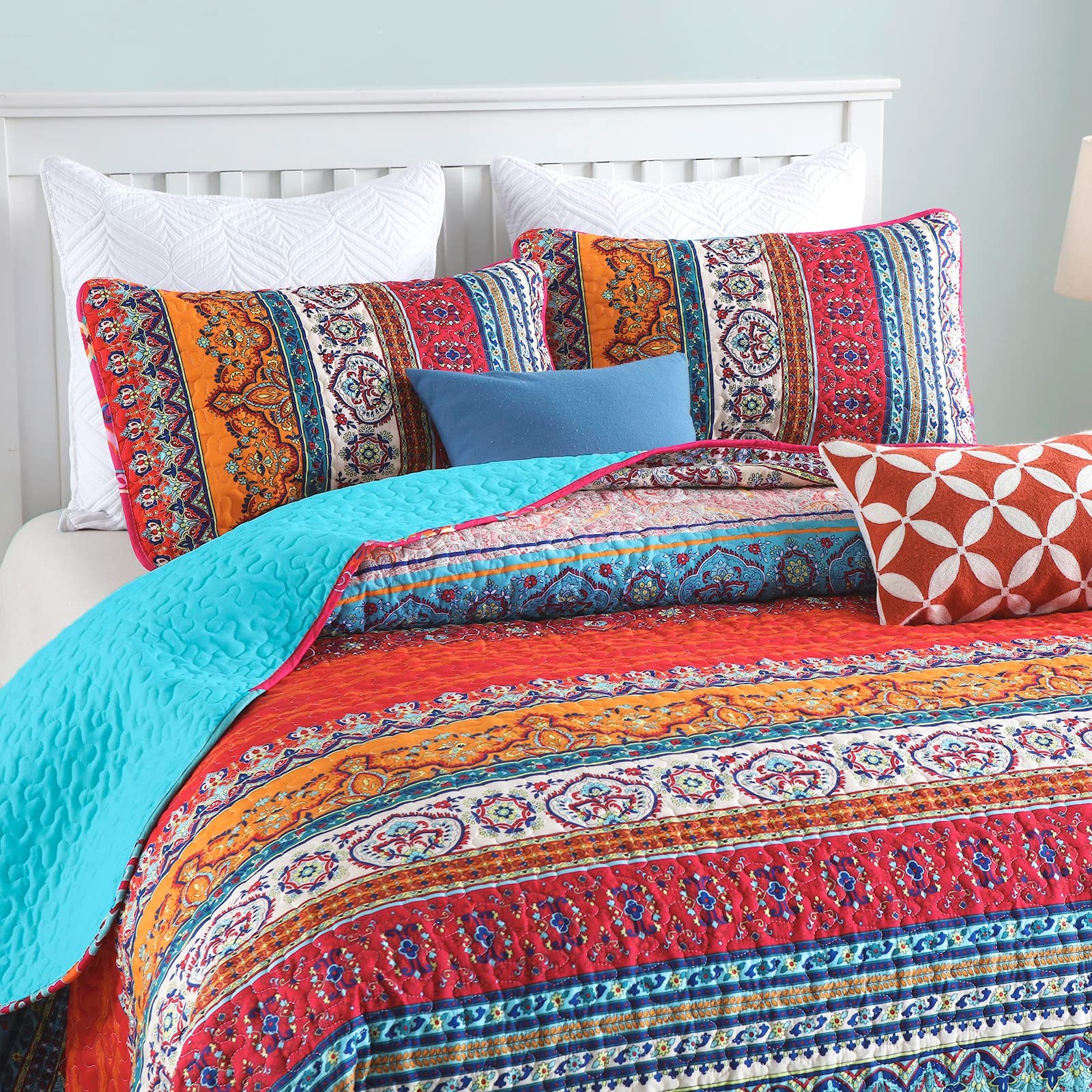 WONGS BEDDING King Size Boho Quilt Set - Blue Bohemian Style Lightweight Bedspread (3 Pieces, 103