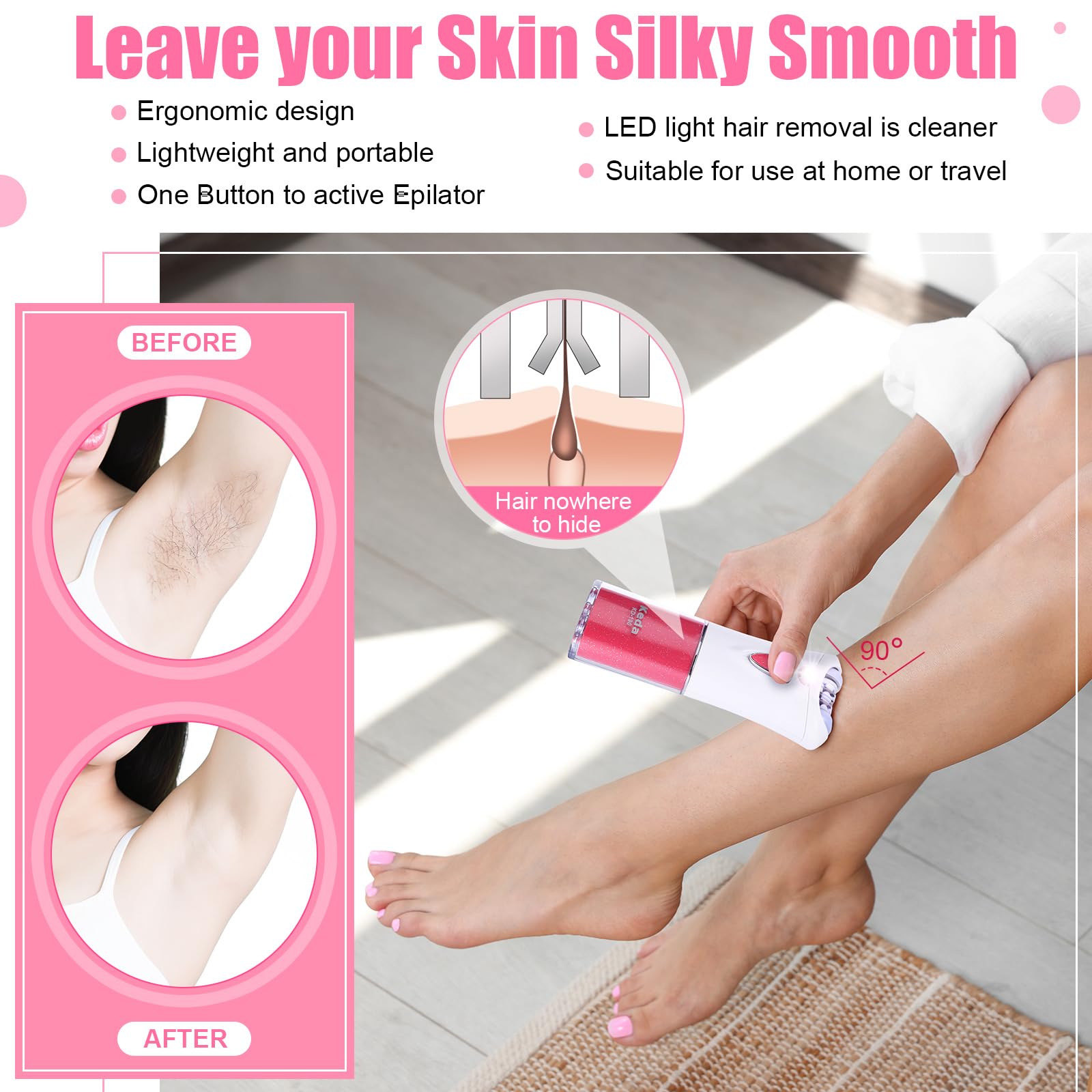 Tondiamo 4-Piece Cordless Epilator Set for Women - Facial, Bikini & Leg Hair Removal with LED Light & Smooth Glide Technology | Perfect for Travel, Home Use & Gift Giving