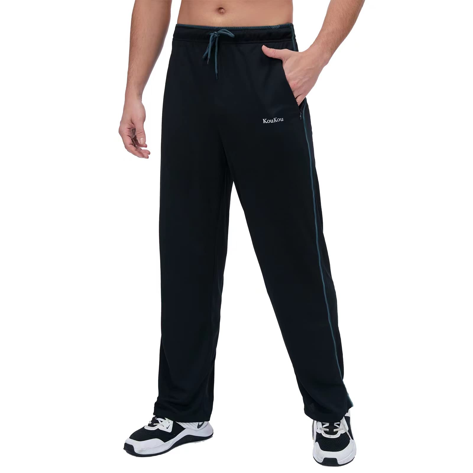 **KouKou Men's Athletic Sweatpants with Zipper Pockets - Open Bottom Jogging Pants for Running, Workout & Gym - Comfortable Casual Wear for Sports & Lounge**