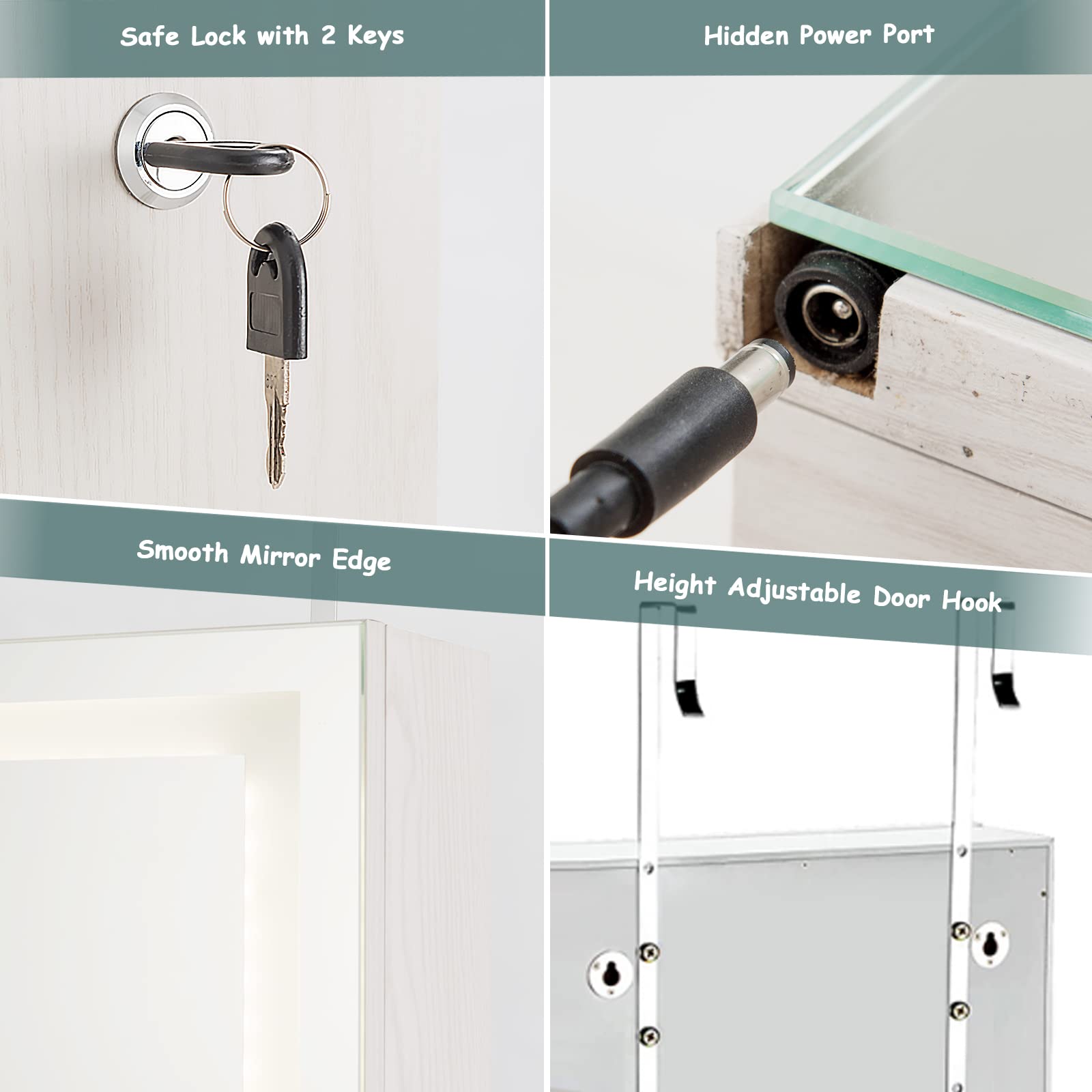 COSTWAY Wall-Mounted Jewelry Armoire with Full-Length LED Mirror | Lockable Jewelry Storage Cabinet with Large Organizer | White Jewelry Organizer for Bedroom & Living Room | Perfect for Closet Organization & Vanity Makeup Area