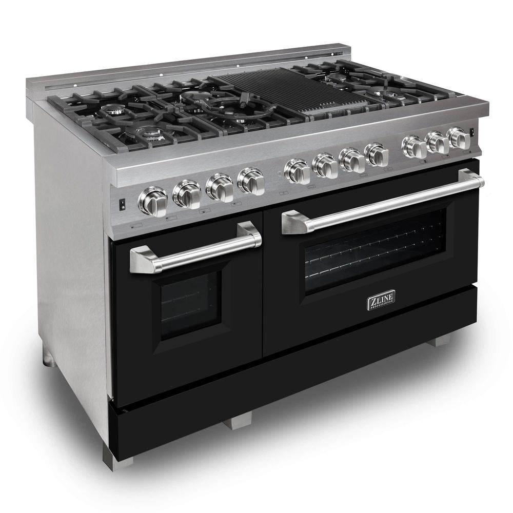 ZLINE 48-Inch 6.0 cu. ft. Dual Fuel Range with 7-Burner Gas Cooktop & 2 Electric Ovens - Satin Stainless Steel & Black Matte Doors (RAS BLM 48) | Professional Kitchen Appliance for Home Chefs & Cooking Enthusiasts