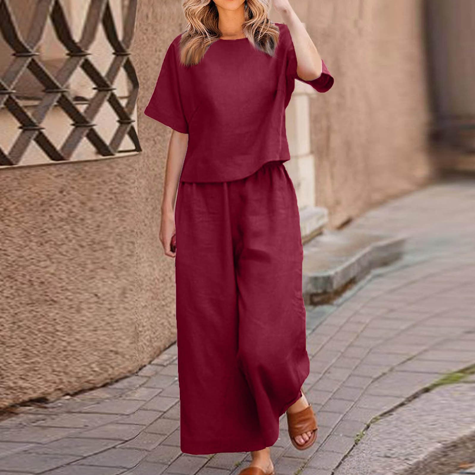 Binmer Women's 2-Piece Linen Lounge Set - Summer Short Sleeve Top & Belted Wide Leg Pants Outfit | Casual Comfort Wear for Home, Travel & Yoga