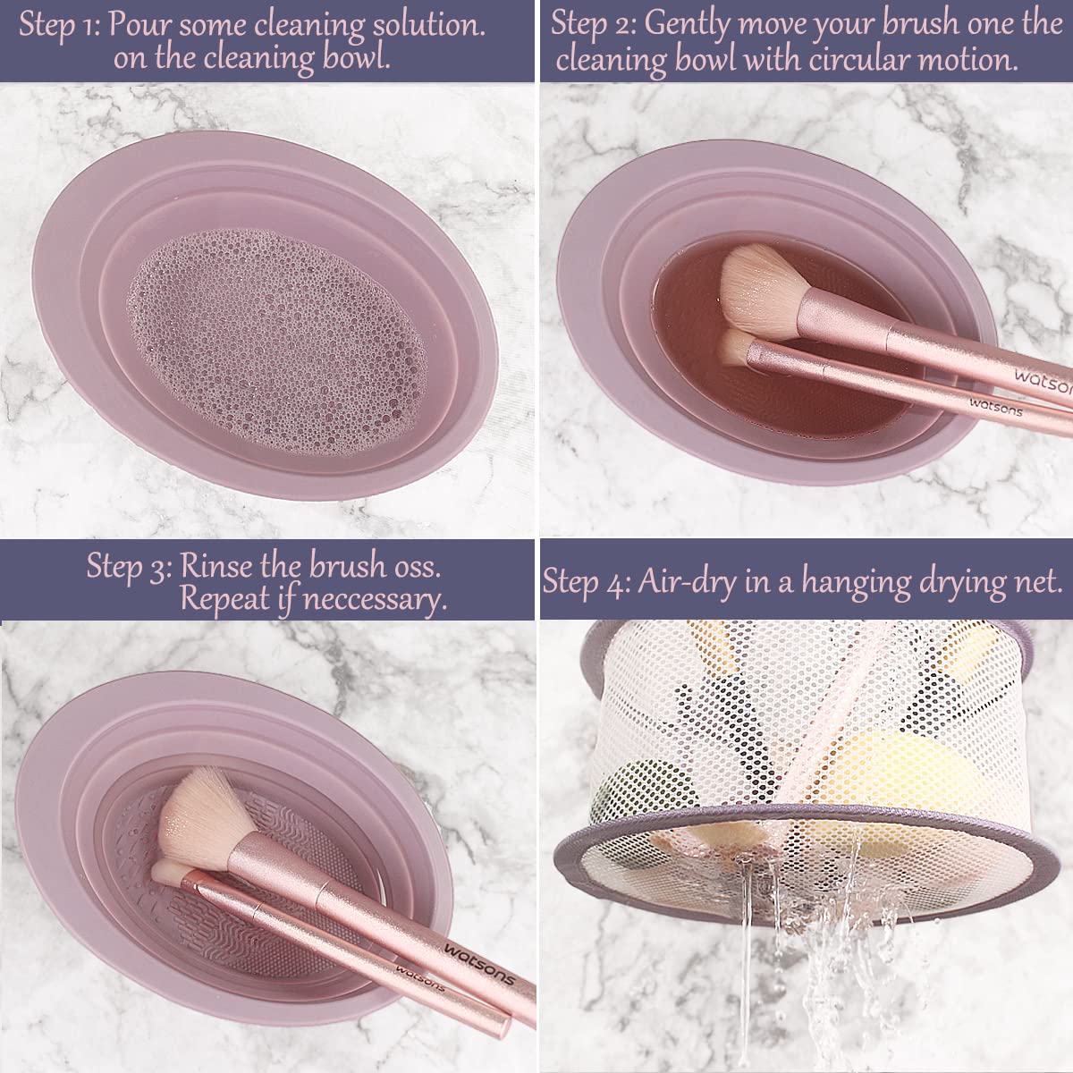 Foldable Silicone Makeup Brush Cleaning Mat with Hanging Drying Net - Portable Makeup Brush Cleaner Pad & Mesh Drying Rack for Makeup Sponges, Powder Puffs & Brushes (Purple) - Perfect for Home & Travel Makeup Brush Care
