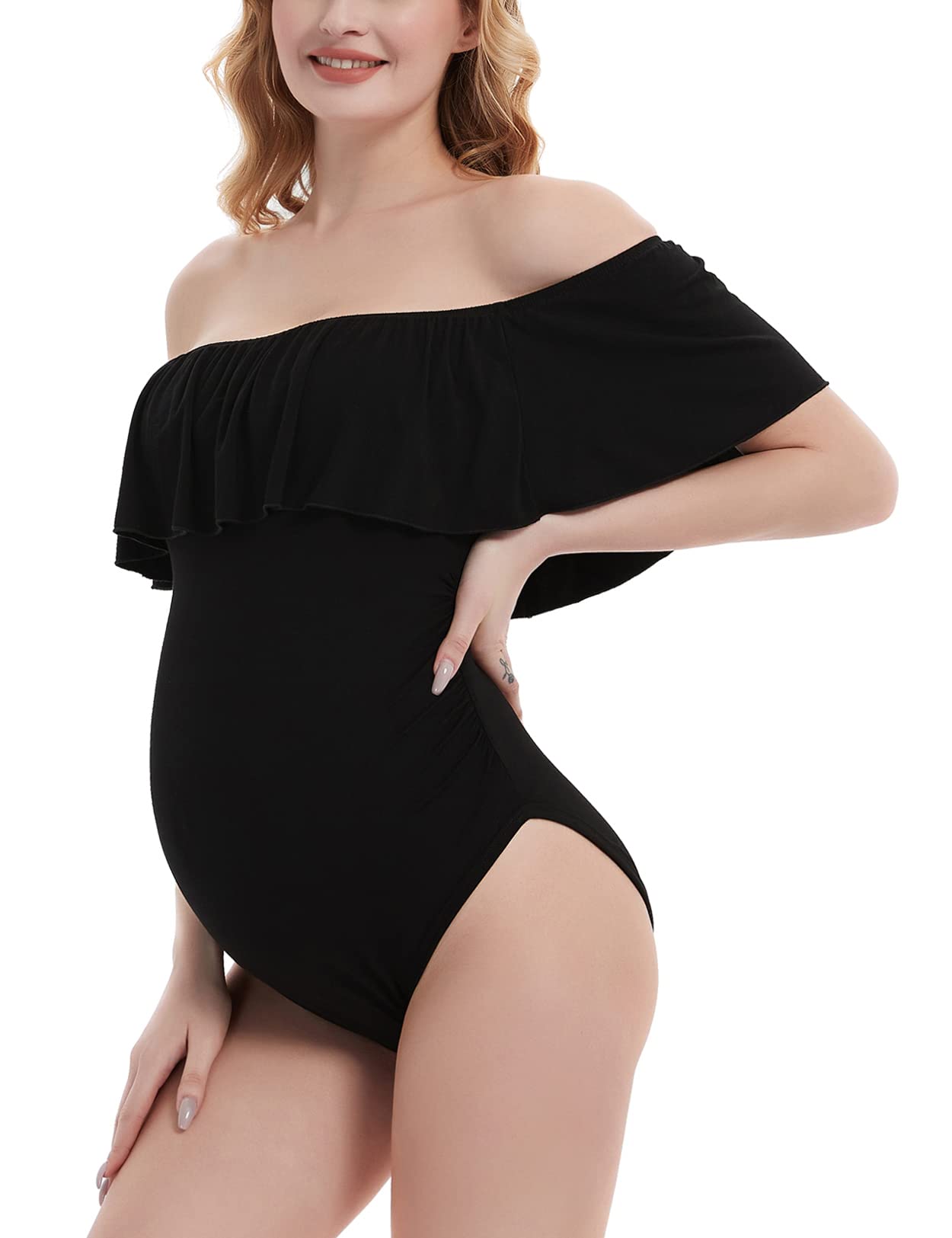 SWEETBUMP Off Shoulder Ruffle Maternity Bodysuit - Stretchy Pregnancy Photoshoot Top for Maternity Pictures & Baby Shower | Comfortable Nursing Shirt for Expecting Moms