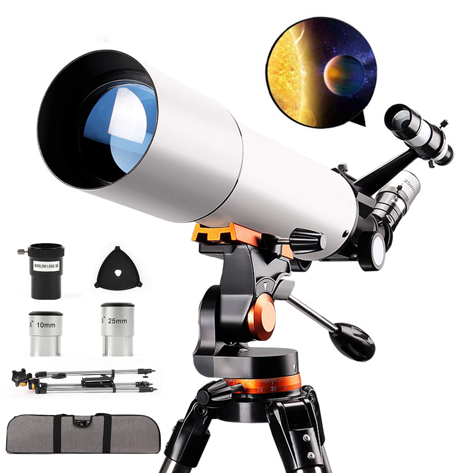 Professional 80/500mm Refractor Telescope for Adults - Astronomy Telescope with Adjustable Stainless Steel Tripod, Erect Image Finder, 3x Barlow Lens, Phone Adapter & 2 Eyepieces - Perfect for Stargazing, Moon Observation & Astrophotography