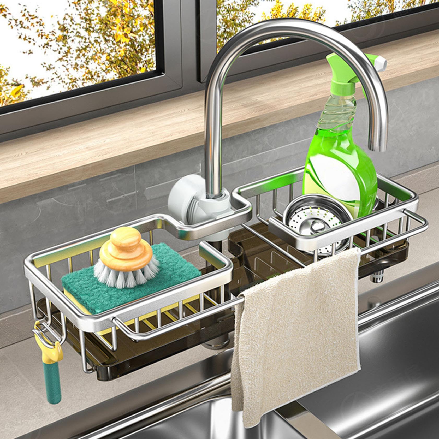 Stainless Steel Faucet Sponge Holder & Sink Caddy Organizer - Over the Faucet Hanging Drain Rack for Kitchen & Bathroom - No Drilling Required, Space Saving Sink Organizer (Silver) - Perfect for Small Kitchens, Apartments & RVs