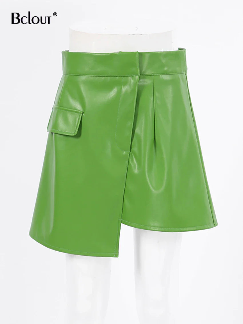 Bclout Women's Autumn Green Leather Mini Skirt - High Waist Elegant Office Patchwork Skirt | Y2K Fashion Trendy Short Skirt for Work, Party & Night Out