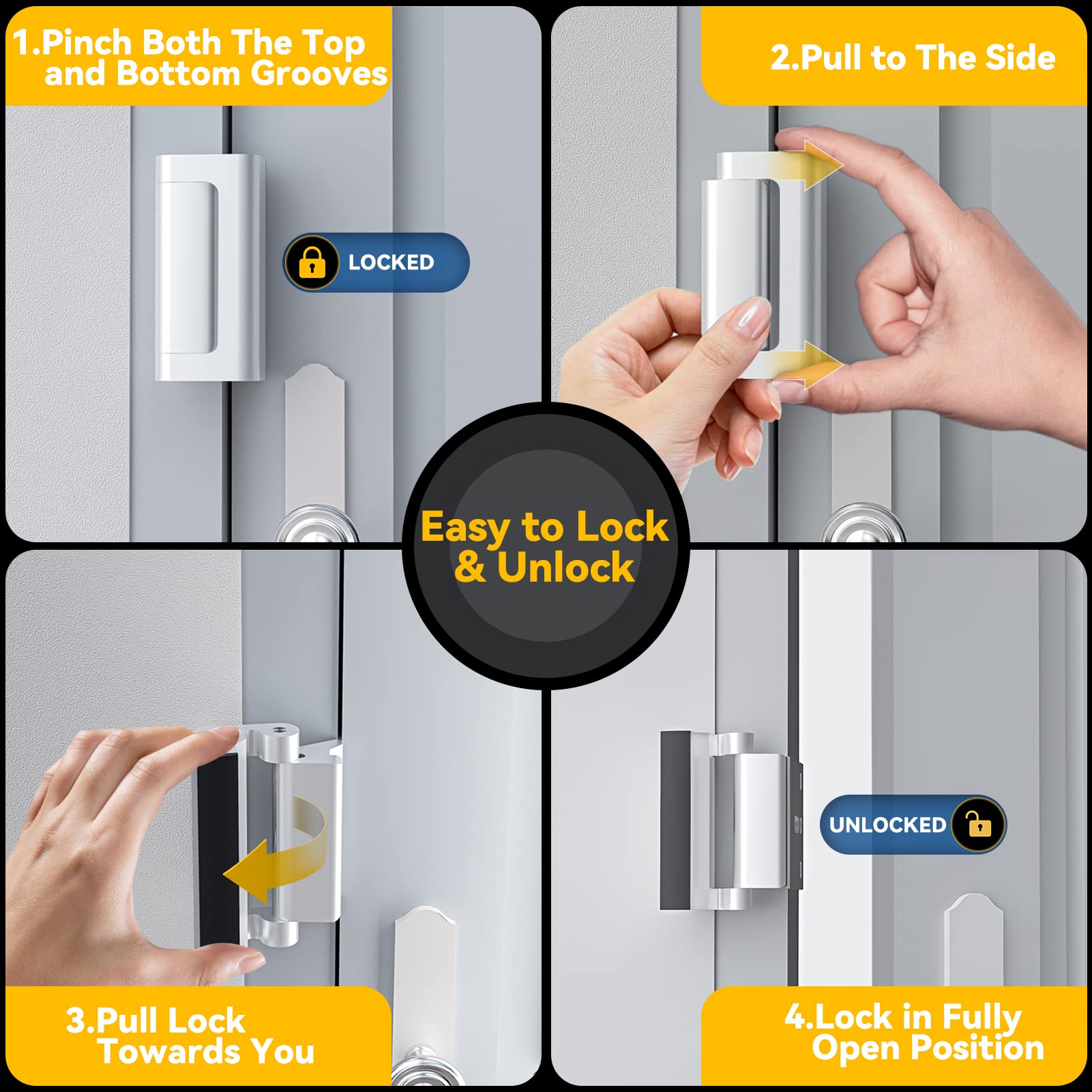 4 Pack Heavy Duty Home Security Door Lock - 800 lbs Force Resistance for Inward Swinging Doors, Anti-Break-In Reinforcement Lock with 8 Screws | Extra Protection for Apartments, Rental Homes & Privacy Security (Ideal for Front Doors, Bedrooms & Home Offices)