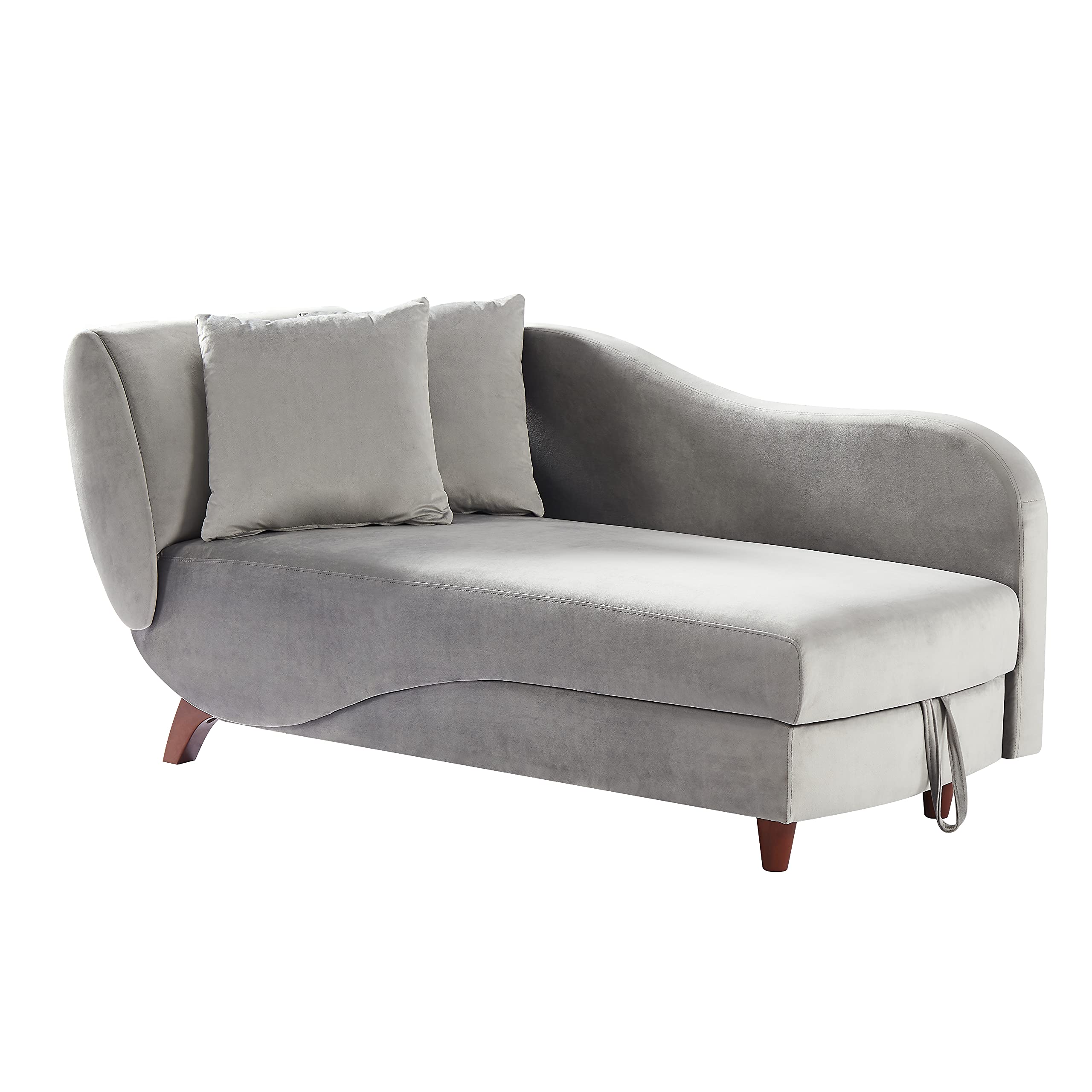 Modern Velvet Storage Chaise Lounge with Solid Wood Legs & 2 Pillows - Upholstered Sofa Recliner for Living Room, Bedroom, Office - Perfect for Small Space Organization & Cozy Reading Nook (Grey)