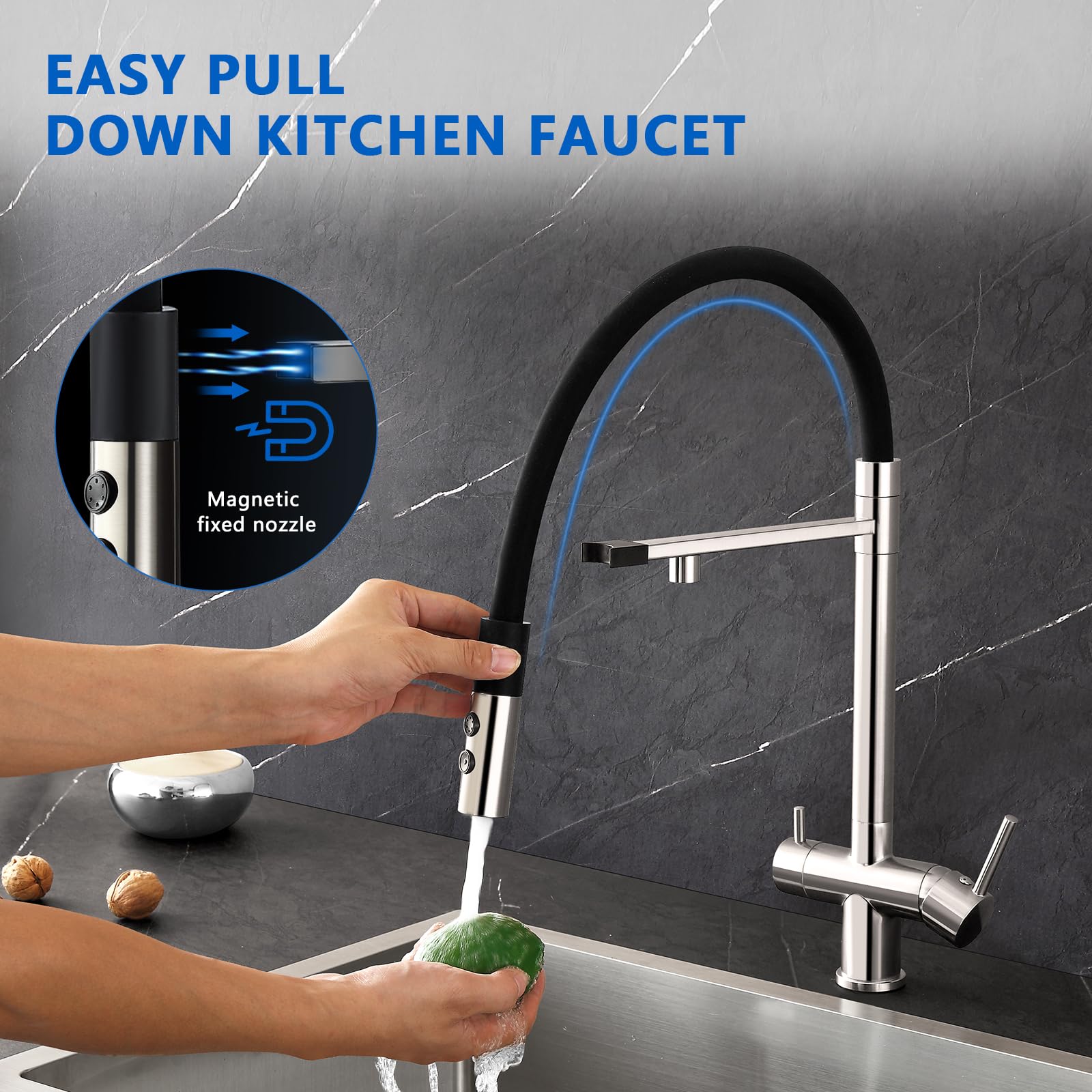 3-Way Kitchen Faucet with Water Filter - Pull Down Sink Faucet & Drinking Water Faucet - Brushed Nickel Finish - Magnetic Spray Nozzle - Perfect for Modern Kitchens, Home Renovation & Water Purification Systems