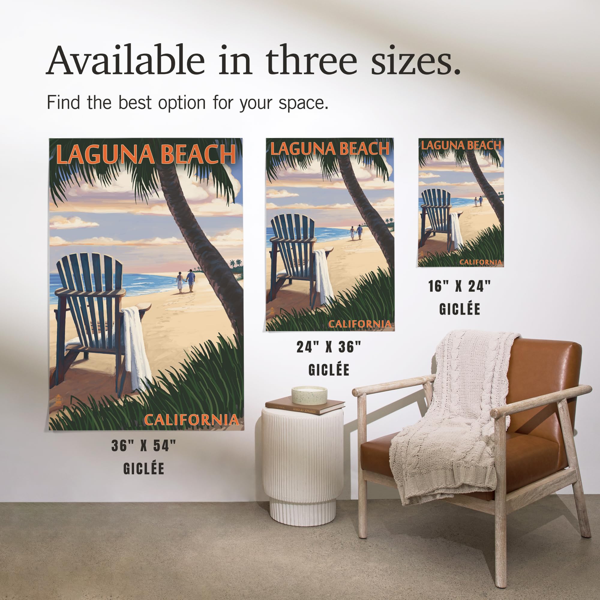 Laguna Beach California Sunset Wall Art Print - 24x36 Inch Giclee Canvas Decor with Adirondack Chairs | Perfect for Living Room, Bedroom & Office Decoration
