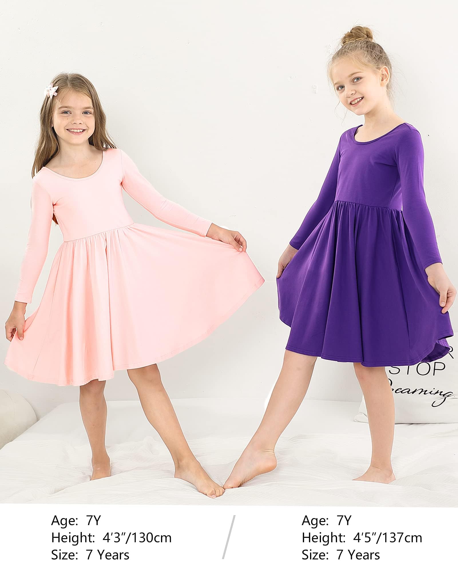 Stelle Girls Long Sleeve Cotton A-Line Dress - White Skater Twirl Toddler Dress for School, Casual Wear & Easter Outfits | Perfect for Playdates, Parties & Special Occasions