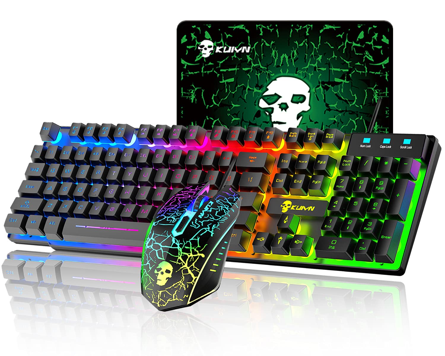 RGB Gaming Keyboard and Mouse Combo - USB Wired LED Backlit Ergonomic Mechanical Keyboard with 2400DPI Optical Gaming Mouse - Includes Free Mousepad for PC, Laptop, Gaming & Office Work (Black & Rainbow Lighting) - Perfect for Esports, Streaming & Professional Typing