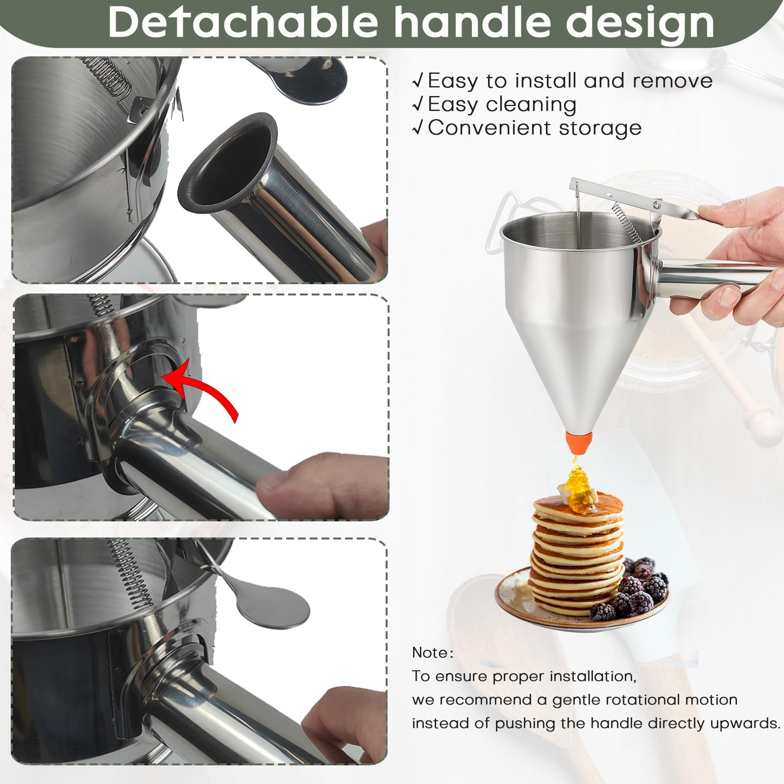 1200ML/40OZ Stainless Steel Pancake Batter Dispenser with 4 Nozzles - Piston Funnel Dispenser with Detachable Handle & Stand for Takoyaki, Baking Cakes, Desserts - Perfect for Home Kitchen, Bakery Shops, and DIY Dessert Making