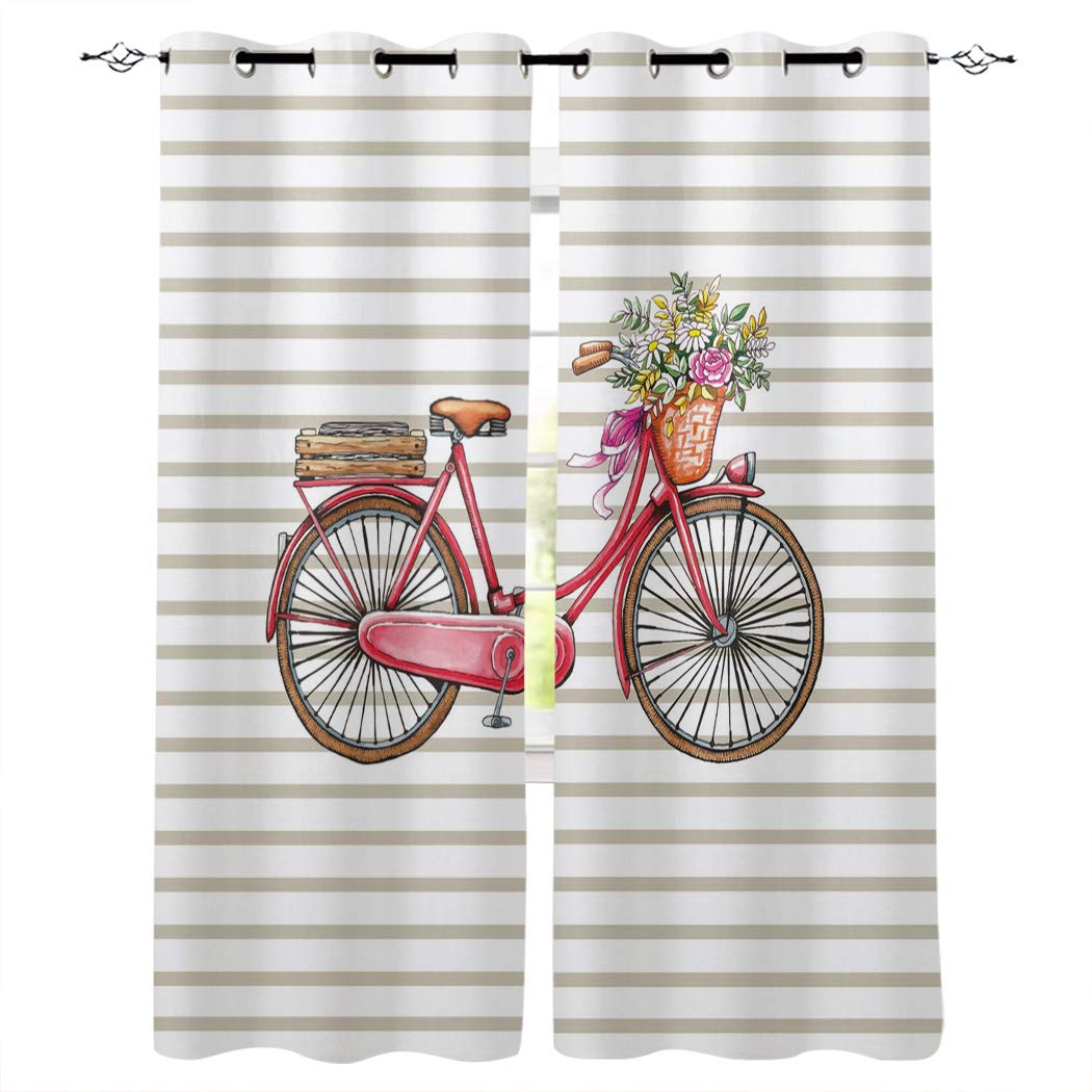 Libaoge Thermal Insulated Blackout Curtains 52x52 Inches - Noise Reducing Grommet Drapes for Bedroom, Kids Room & Nursery with Striped Red Bicycle Flower Basket Design | Perfect for Home Decor, Light Blocking & Sound Absorption (1 Pair)