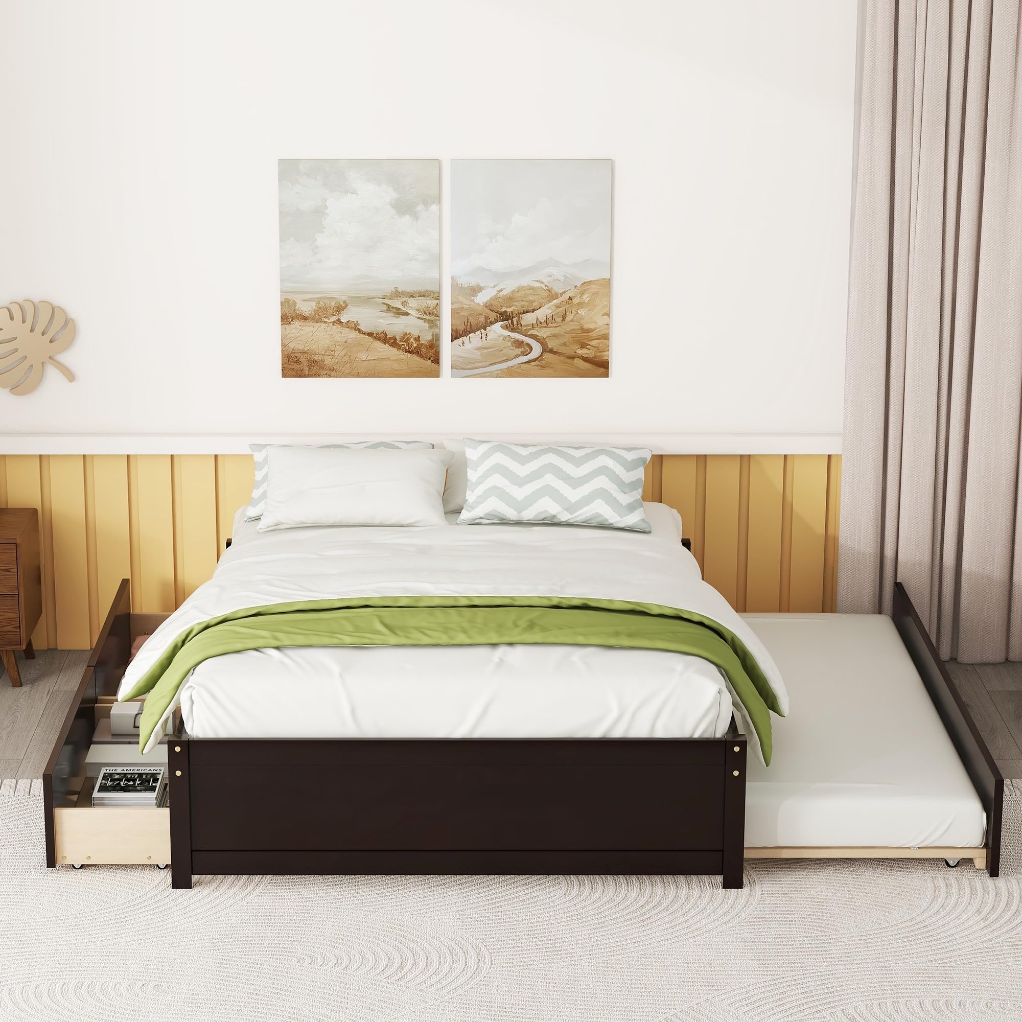 HomSof Full Bed with Twin Trundle & 2 Drawers - Convertible to 2 Platform Beds, Espresso Finish, 79.52