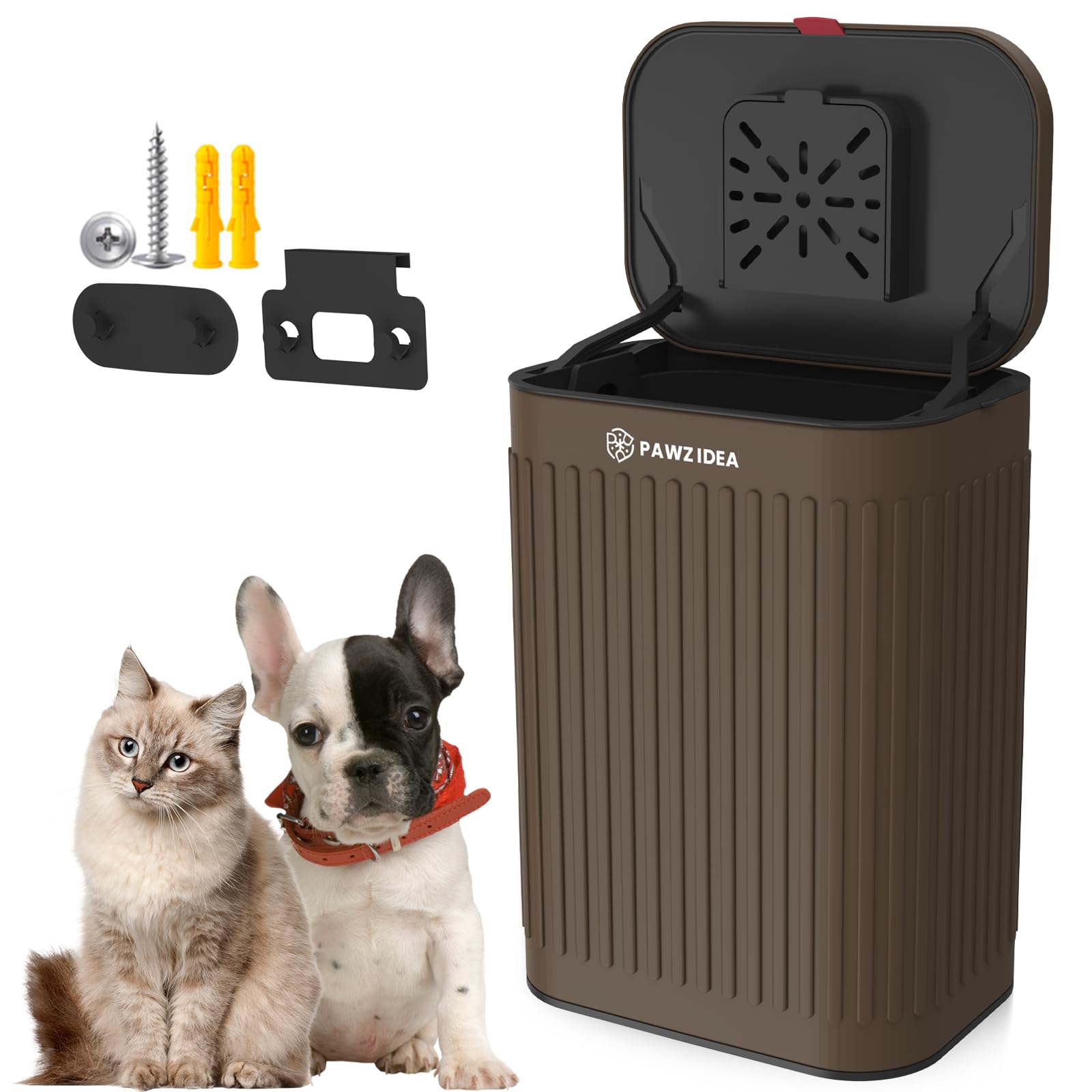 PAWZIDEA 2.1 Gallon Wall Mount Dog Waste Bin with Lid - Odor Control Activated Carbon, Waterproof Metal Pet Poop Disposal Can for Outdoor Fence - Perfect for Backyard, Garden & Dog Park Cleanup