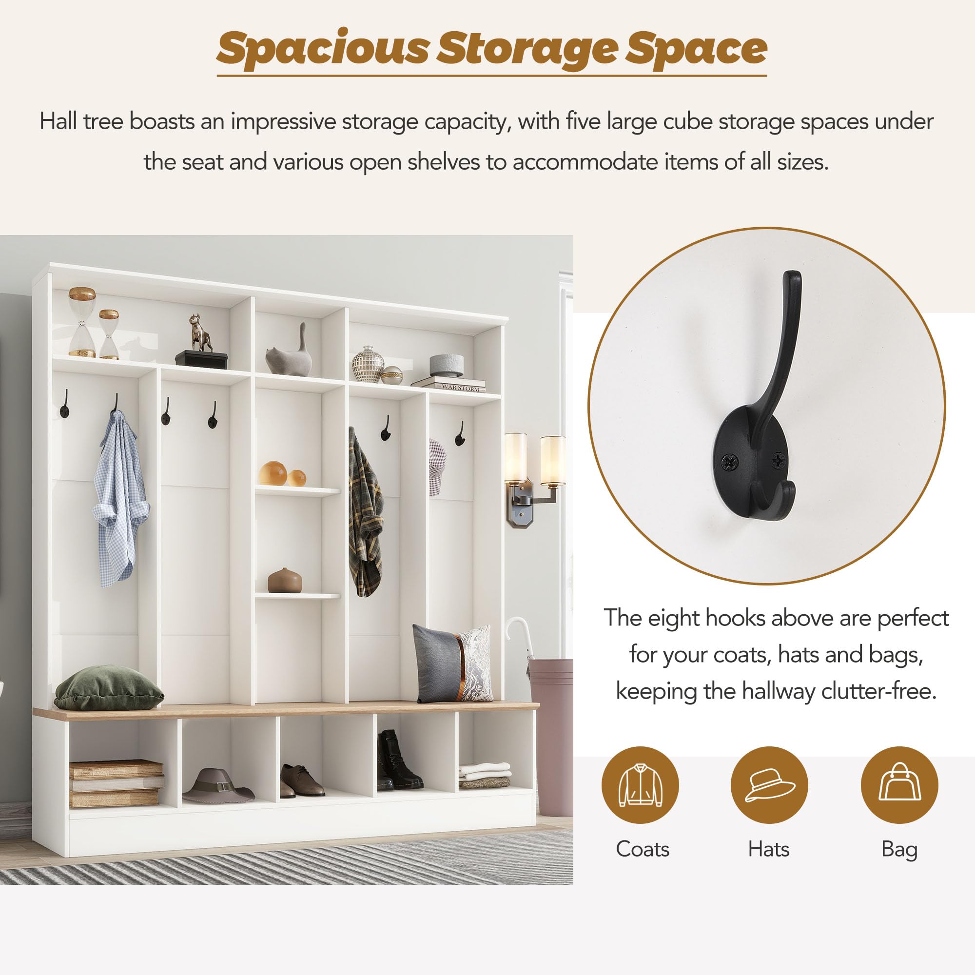 66.9 Inch Wide Entryway Hall Tree with Shelves, 8 Hooks & Storage Bench - White Shoe Cabinet with Coat Rack & Cube Storage for Mudroom Organization - Perfect for Entryway, Hallway & Home Foyer Decor