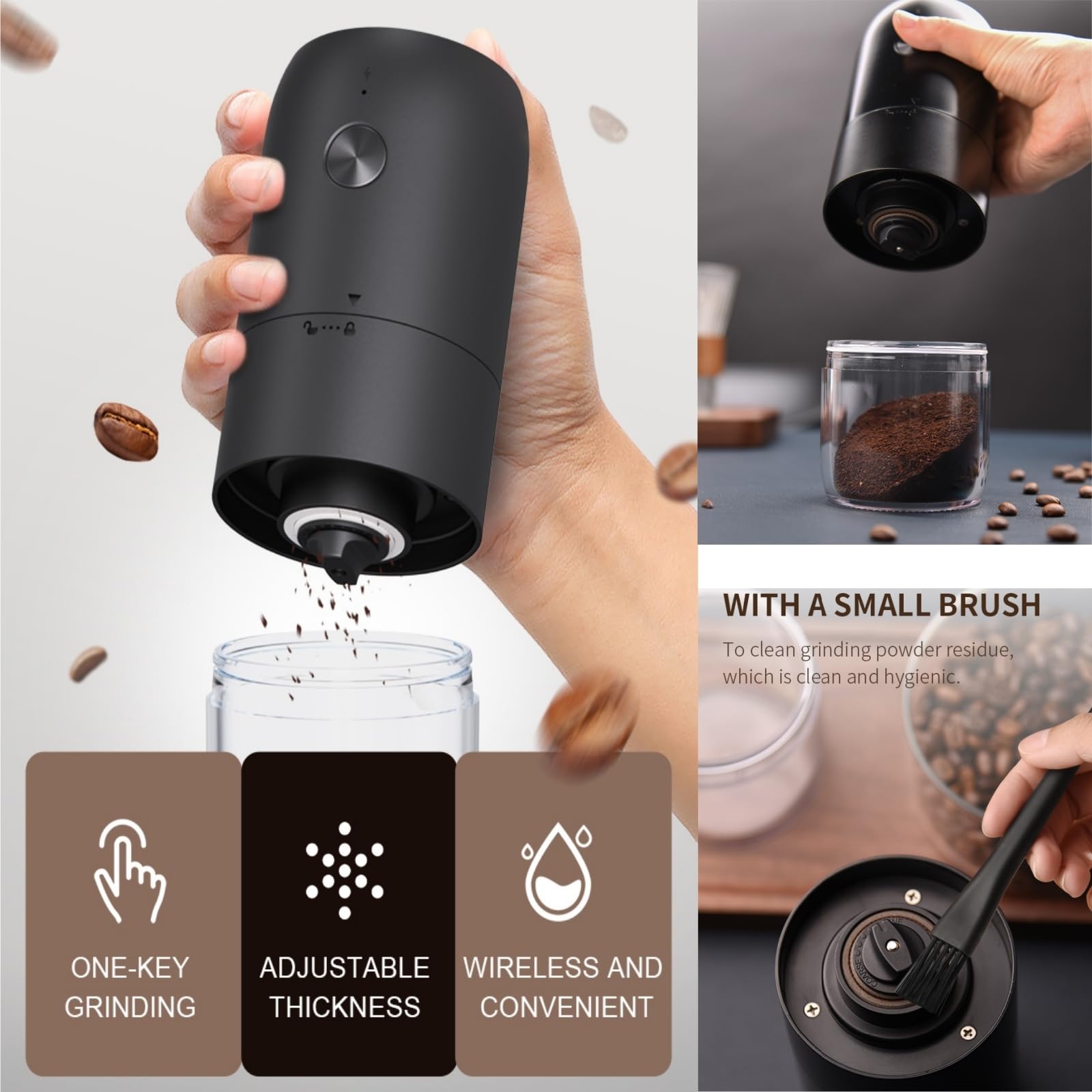 Electric Coffee Grinder One-Touch w/Brush - 30g Capacity for Home & Office Brewing
