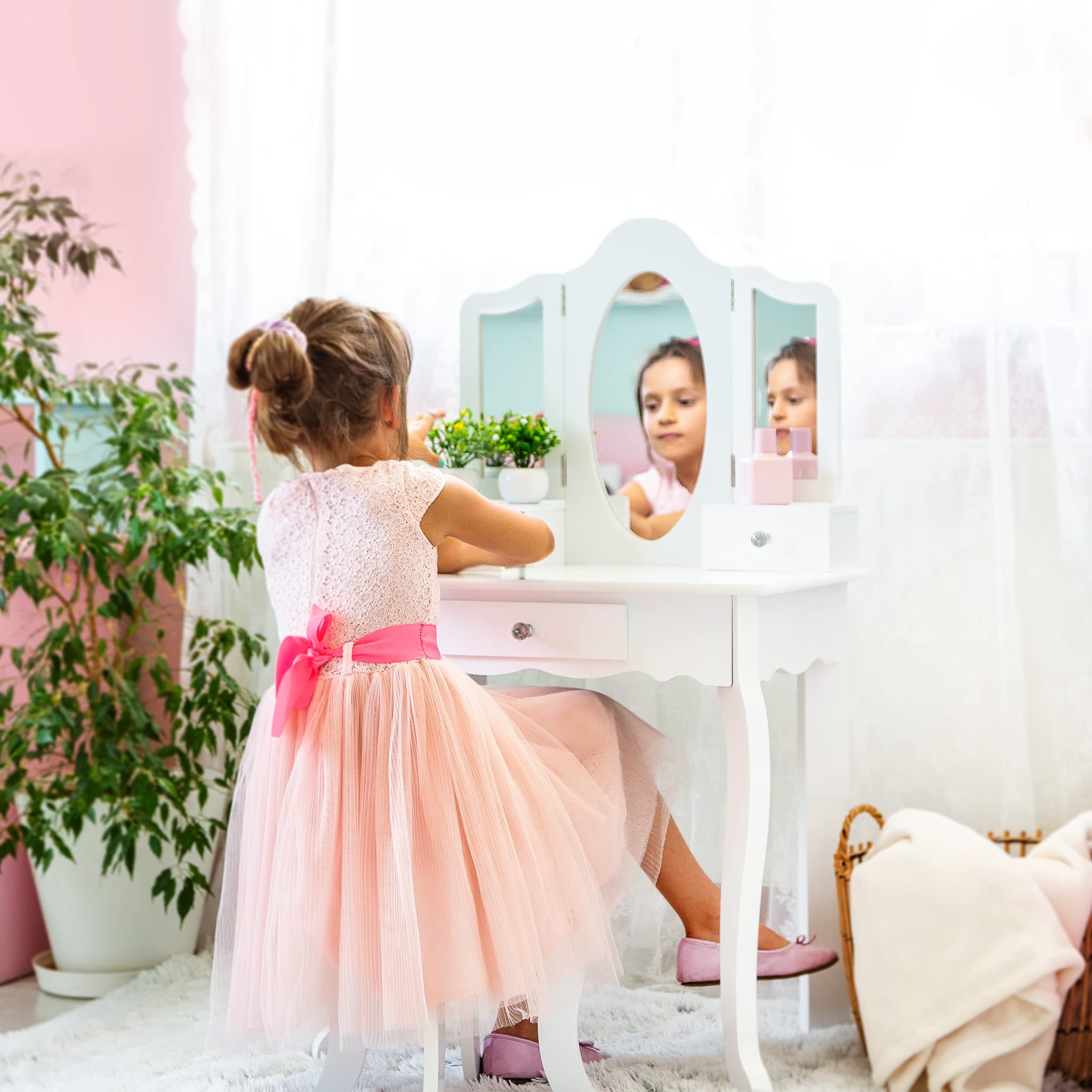Wooden Kids Vanity Set with Mirror & Accessories - White Makeup Dresser Table with Drawers - Educational Toy for Girls Ages 3-6 Years (GS3302) - Perfect for Pretend Play, Birthday Gifts & Bedroom Decor