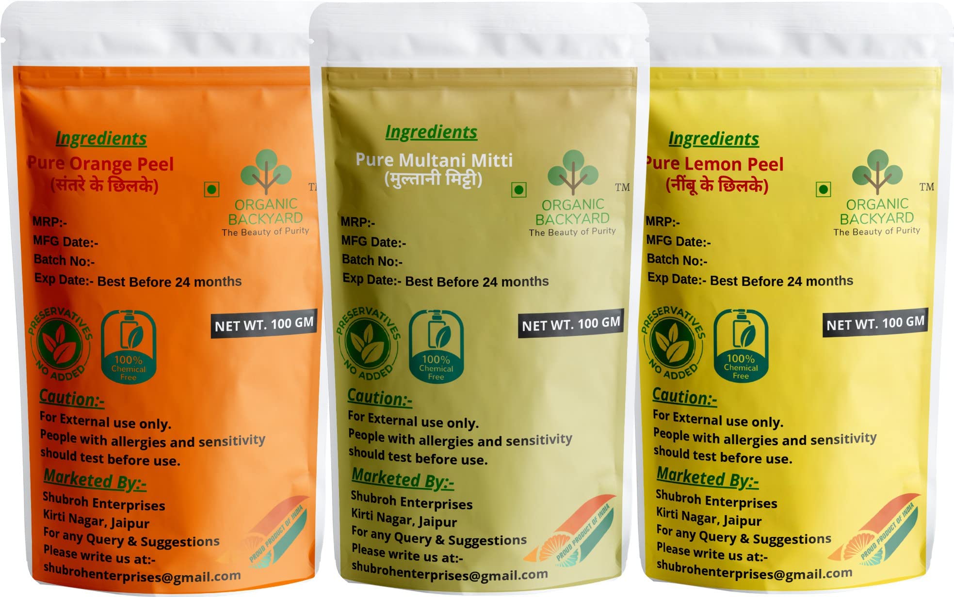 Organic Backyard 100% Natural Orange Peel & Lemon Peel Powder with Multani Mitti - 100g Each for Glowing Skin, Acne Treatment & Face Care - Perfect for DIY Face Masks, Scrubs & Natural Skincare Routines